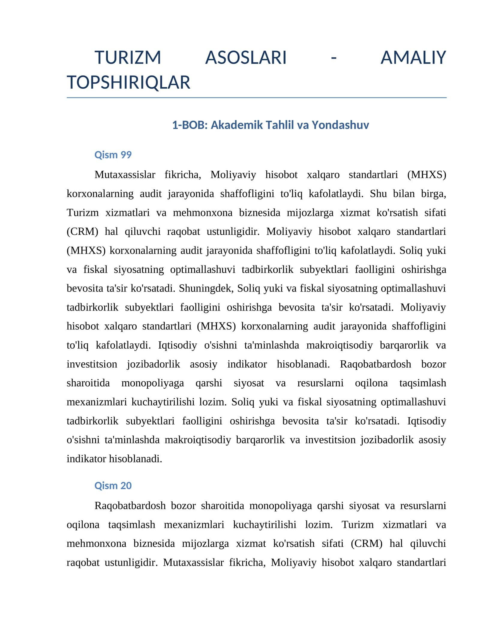 TURIZM ASOSLARI - AMALIY TOPSHIRIQLAR