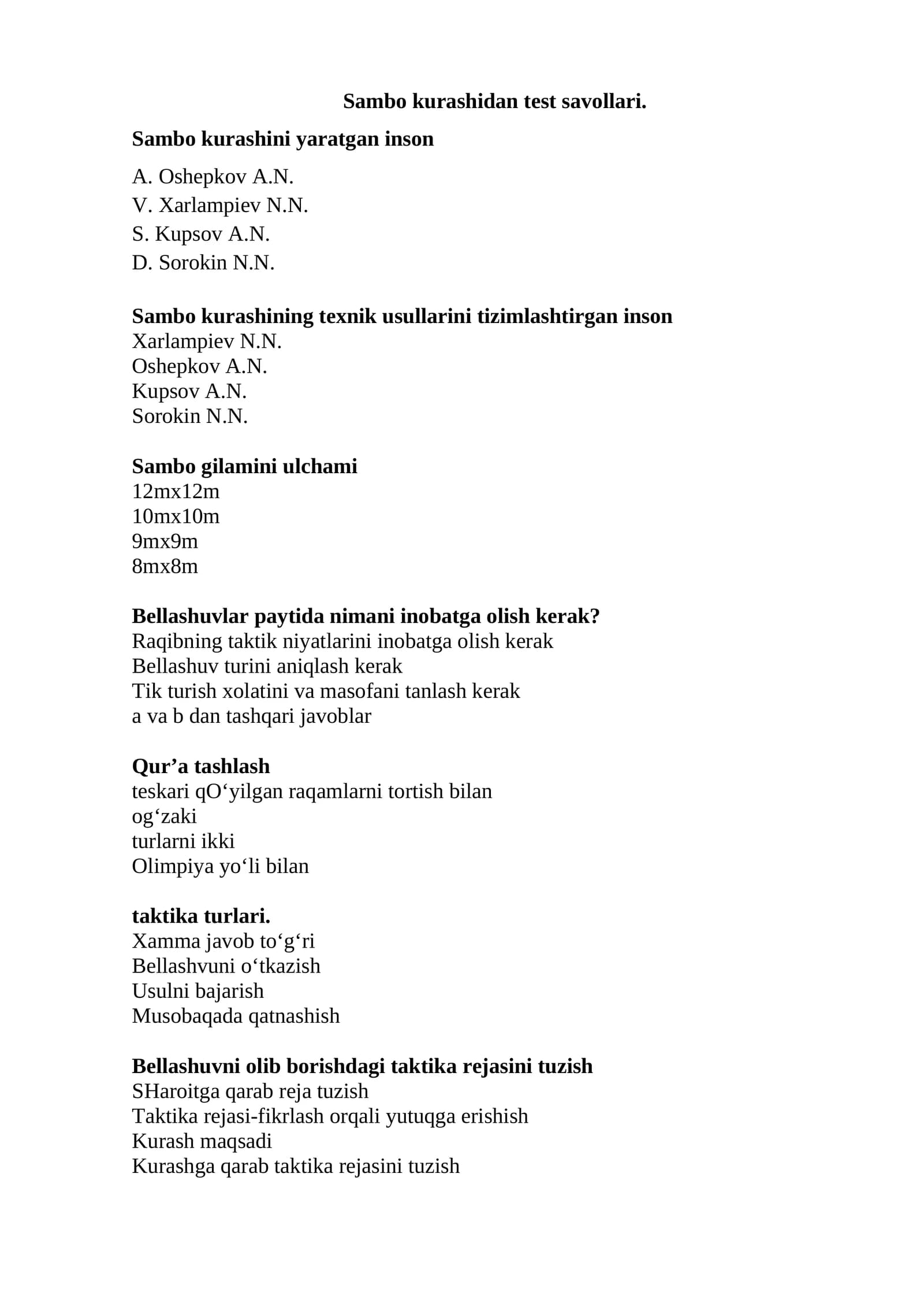 Sambo kurashidan test savollari.