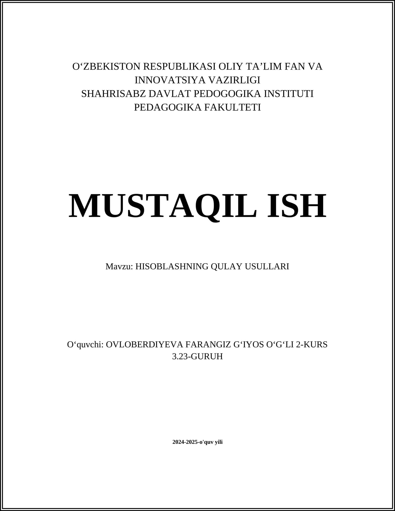 HISOBLASHNING QULAY USULLARI