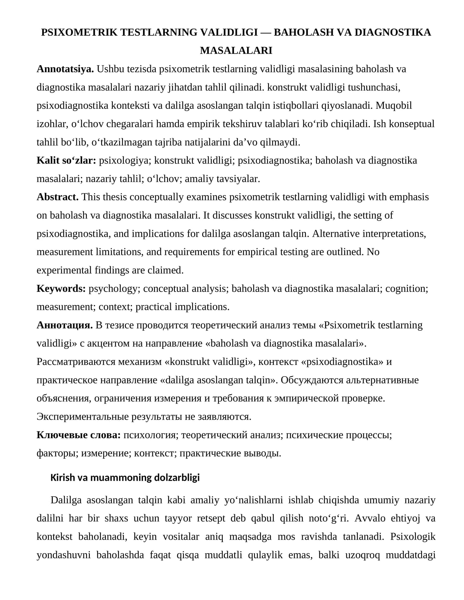 PSIXOMETRIK TESTLARNING VALIDLIGI — BAHOLASH VA DIAGNOSTIKA MASALALARI
