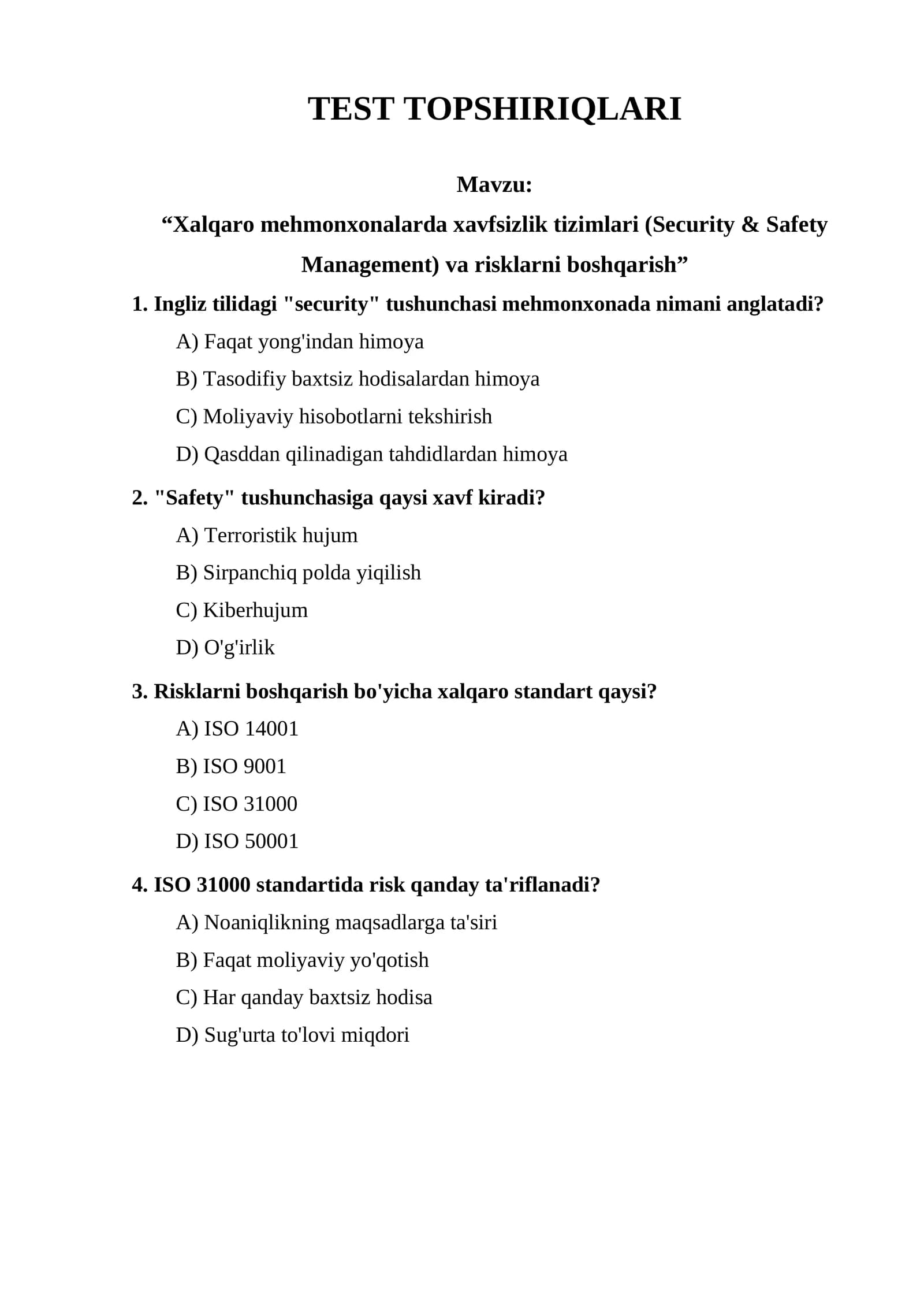 Xalqaro Mehmonxonalarda Xavfsizlik Tizimlari va Risklarni Boshqarish
