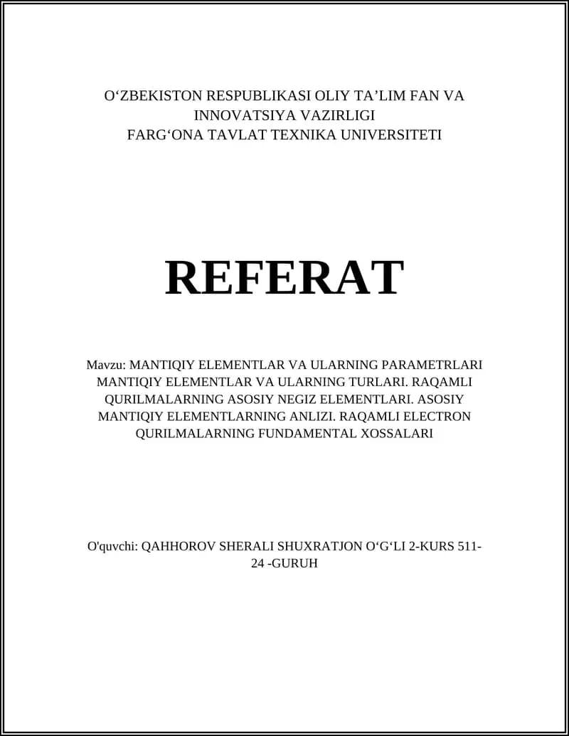 MANTIQIY ELEMENTLAR VA ULARNING PARAMETRLARI