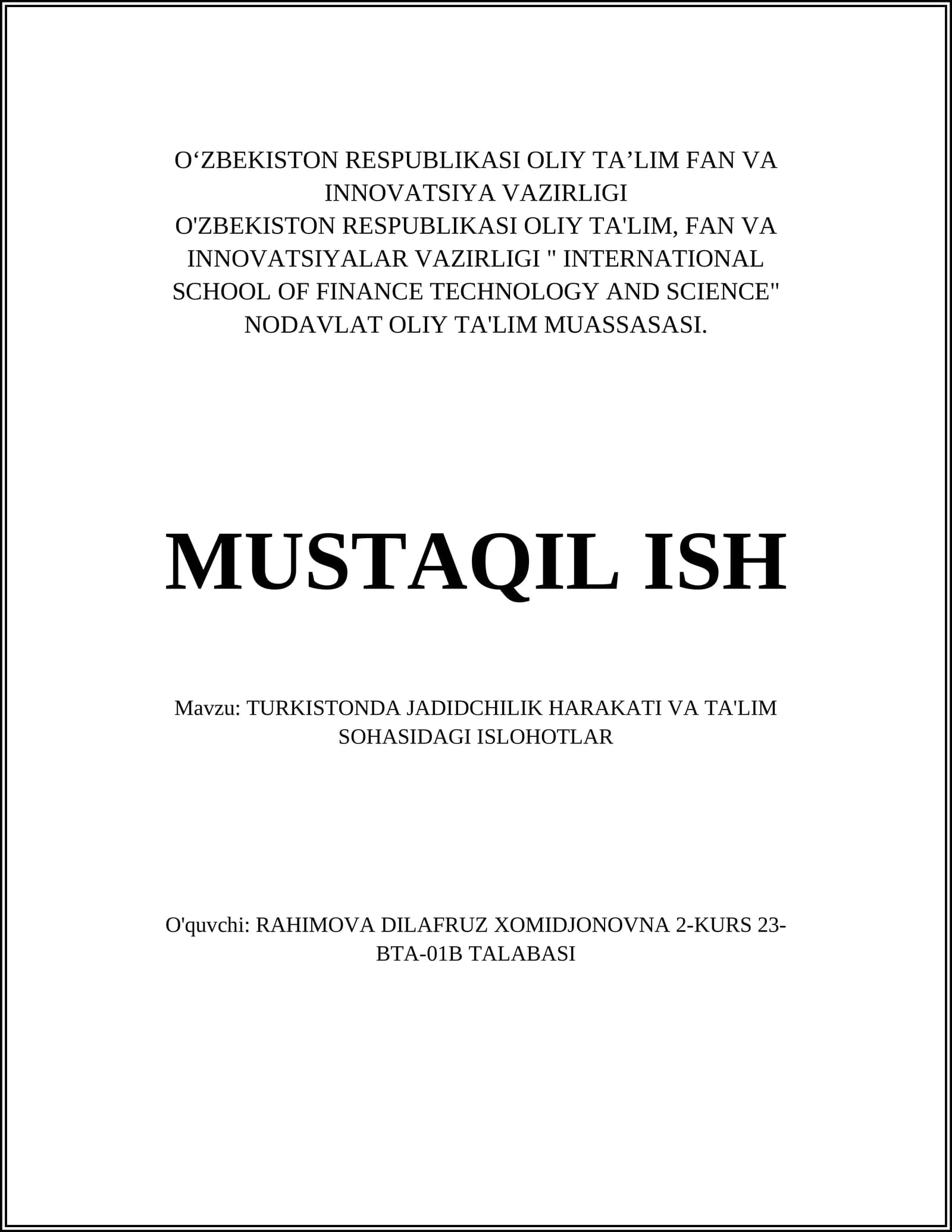 TURKISTONDA JADIDCHILIK HARAKATI VA TA'LIM SOHASIDAGI ISLOHOTLAR