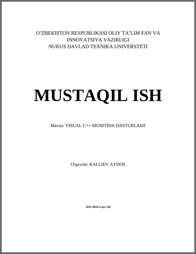 VISUAL C++ MUHITIDA DASTURLASH