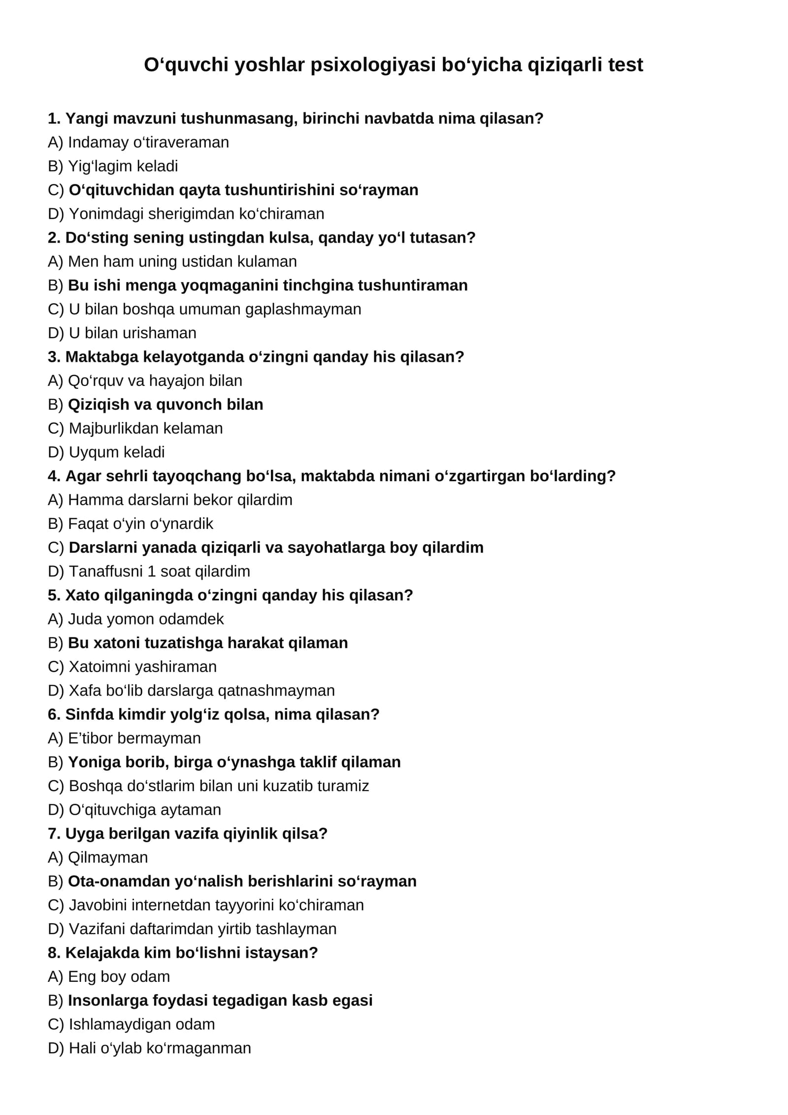 Boshlang‘ich sinflar uchun qiziqarli psixologik test