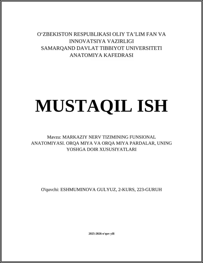 MARKAZIY NERV TIZIMINING FUNSIONAL ANATOMIYASI