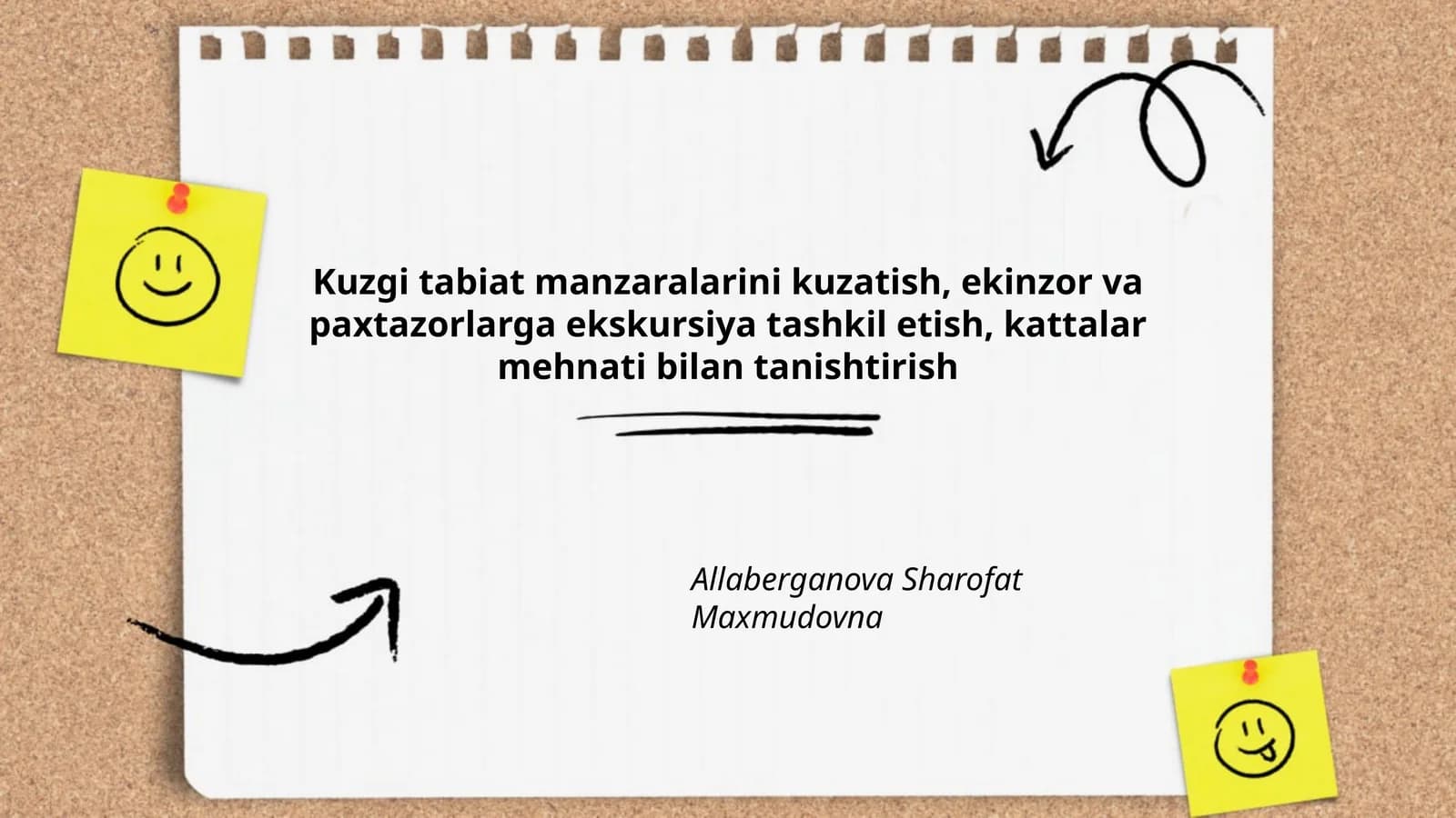 Kuzgi tabiat manzaralarini kuzatish, ekinzor va paxtazorlarga ekskursiya tashkil etish, kattalar mehnati bilan tanishtirish