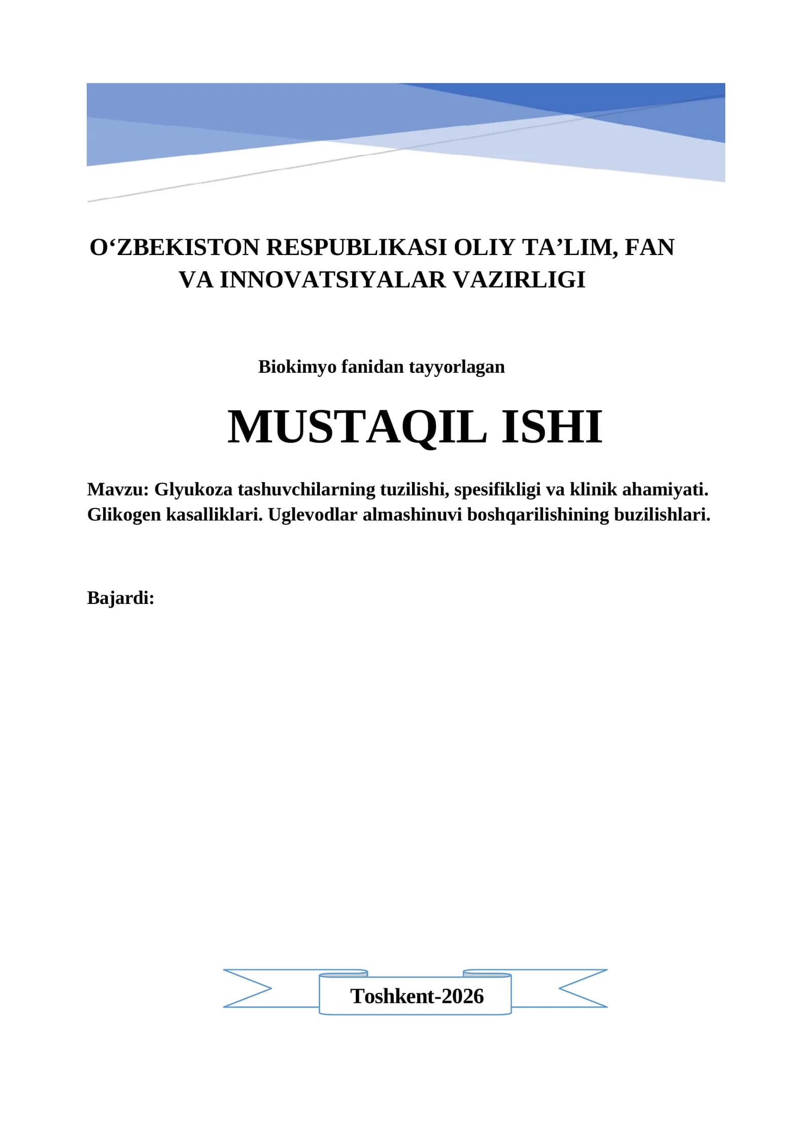 Glyukoza tashuvchilarning tuzilishi, spesifikligi va klinik ahamiyati. Glikogen kasalliklari. Uglevodlar almashinuvi boshqarilishining buzilishlari. mustaqil ish