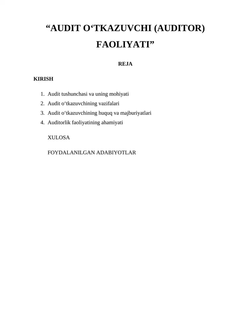 Audit O‘tkazuvchi (Auditor) Faoliyati