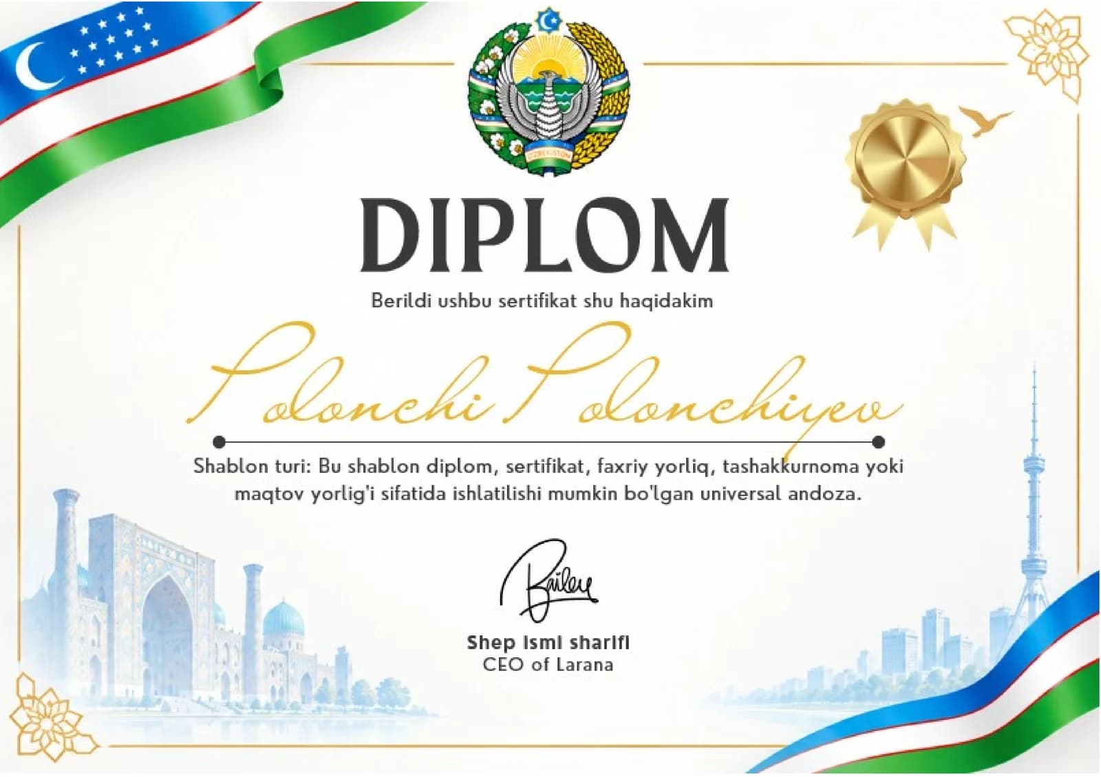 Shablon diplom, sertifikat, faxriy yorliq, tashakkurnoma yoki maqtov yorlig'i
