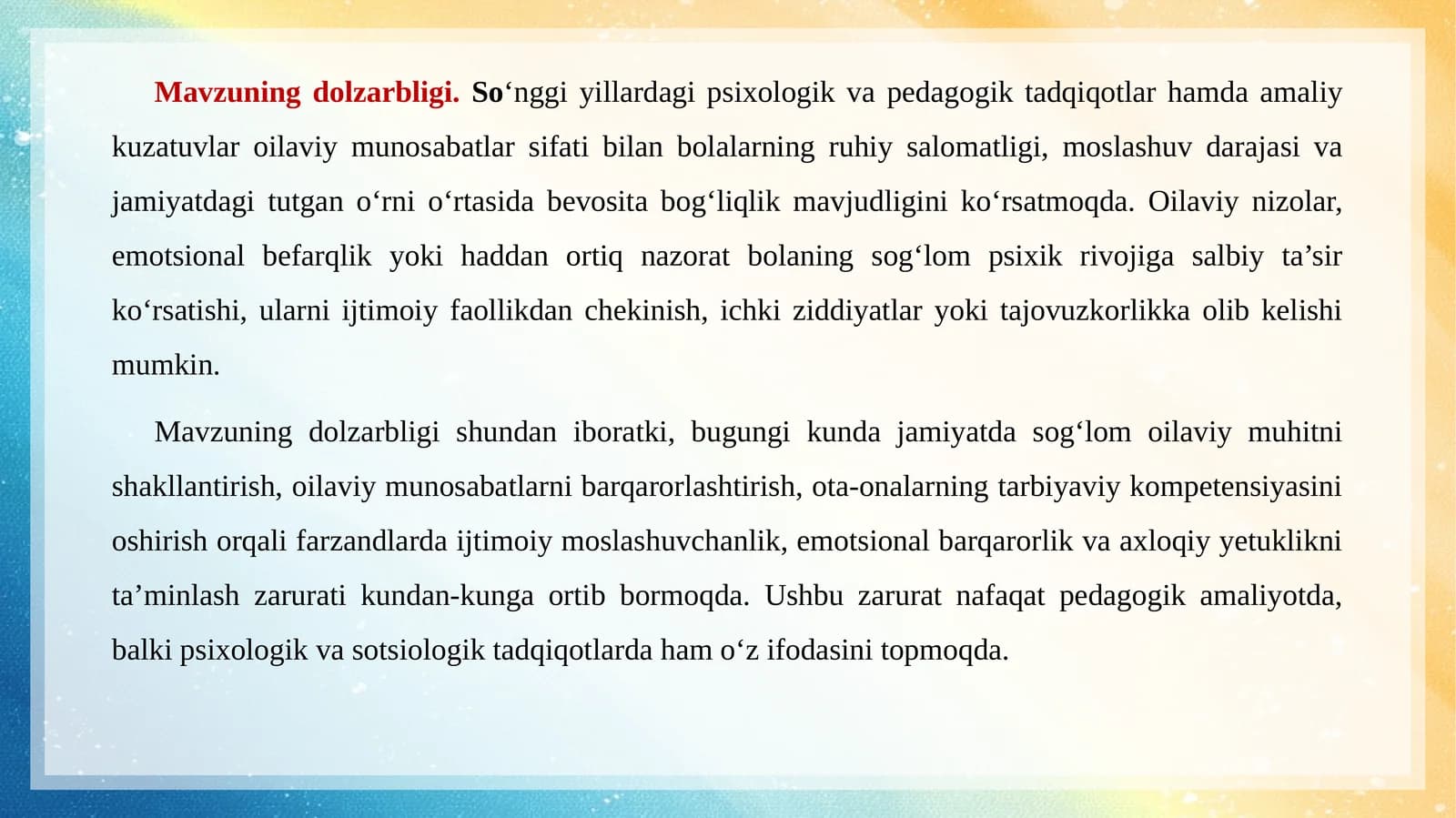 Mavzuning dolzarbligi