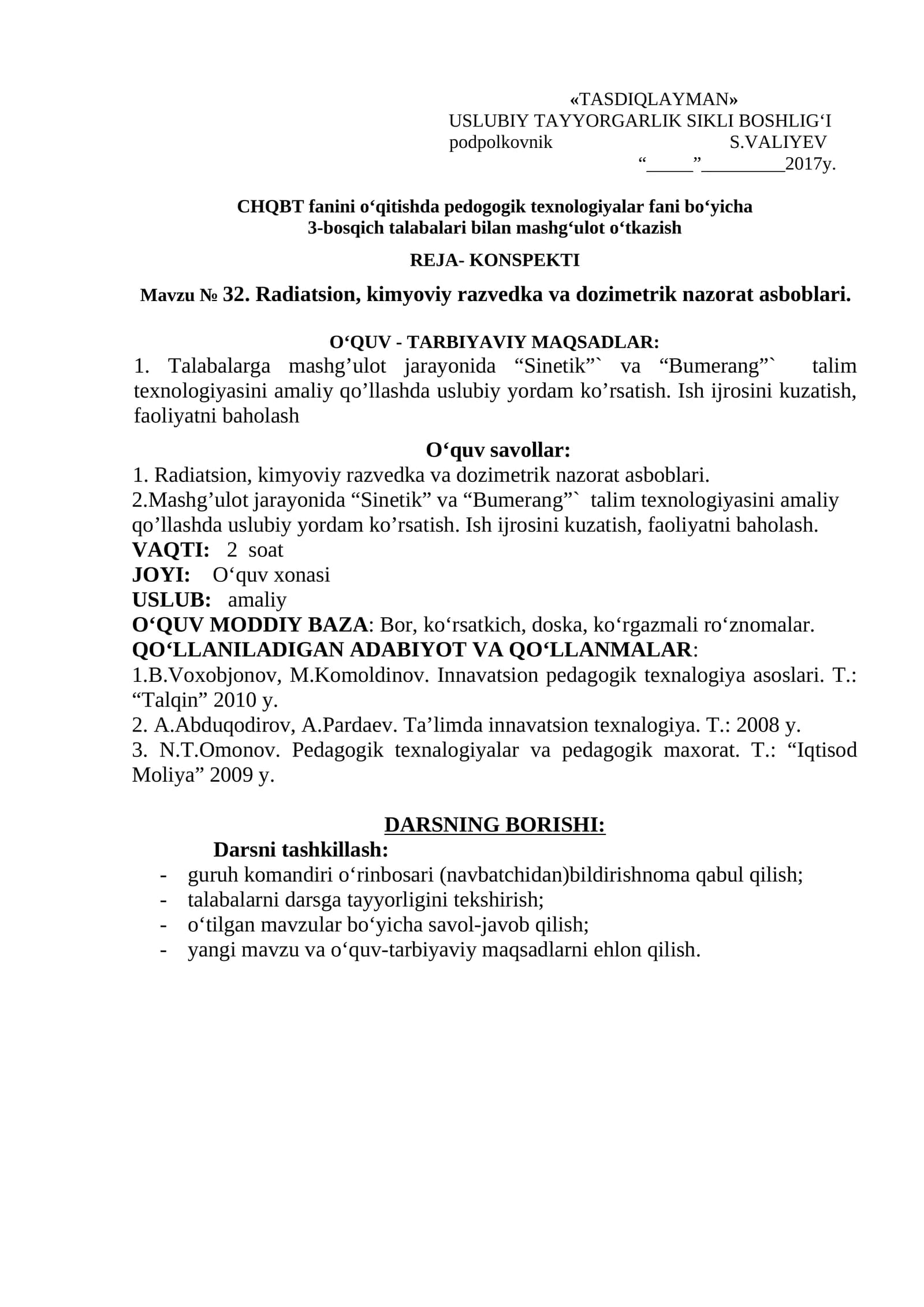 Mavzu № 32. Radiatsion, kimyoviy razvedka va dozimetrik nazorat asboblari