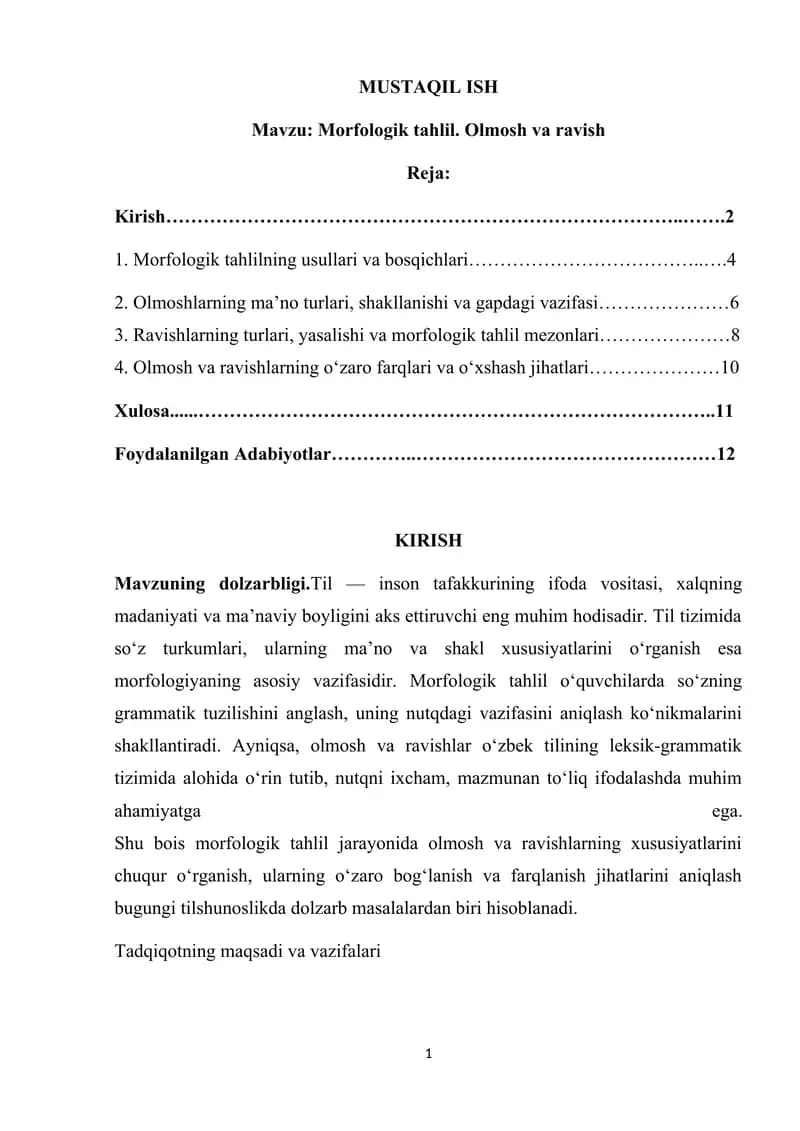 Morfologik tahlil. Olmosh va ravish