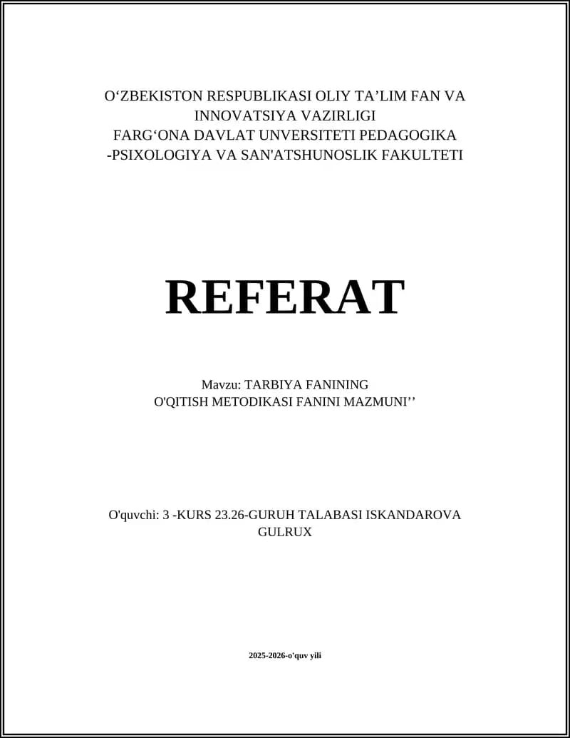 TARBIYA FANINING O'QITISH METODIKASI