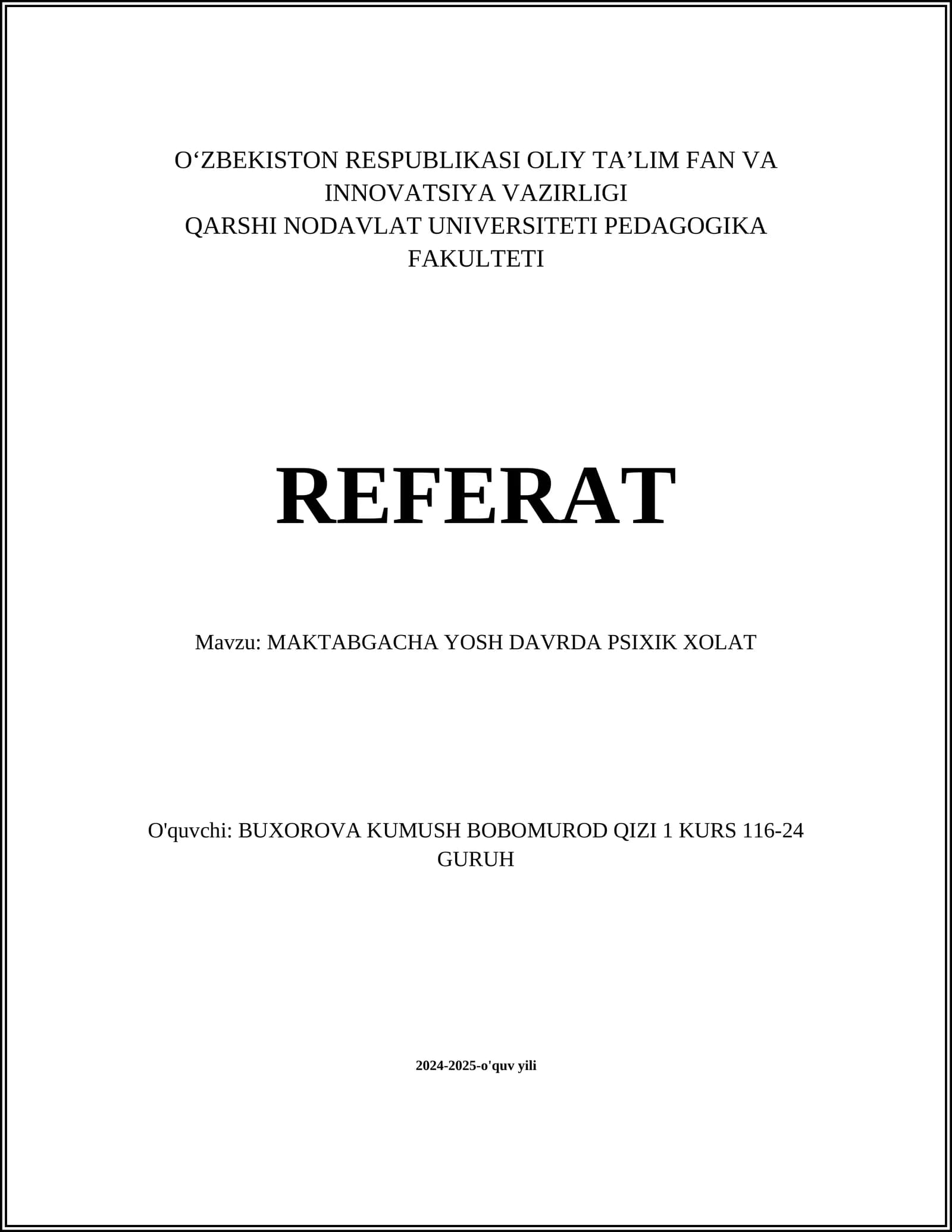MAKTABGACHA YOSH DAVRDA PSIXIK XOLAT