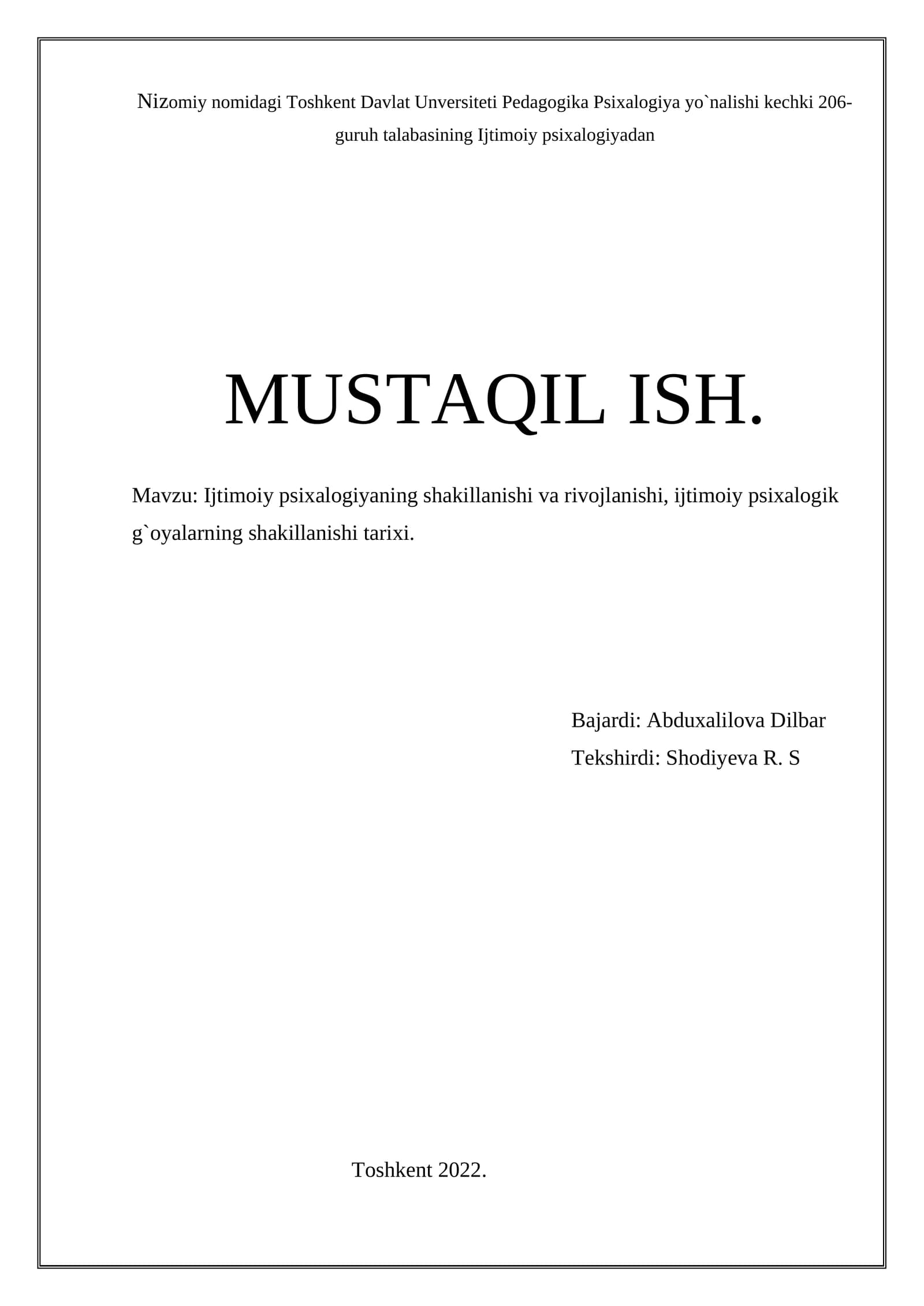 Toshkent Davlat Universiteti Pedagogika Psixalogiya yo`nalishi