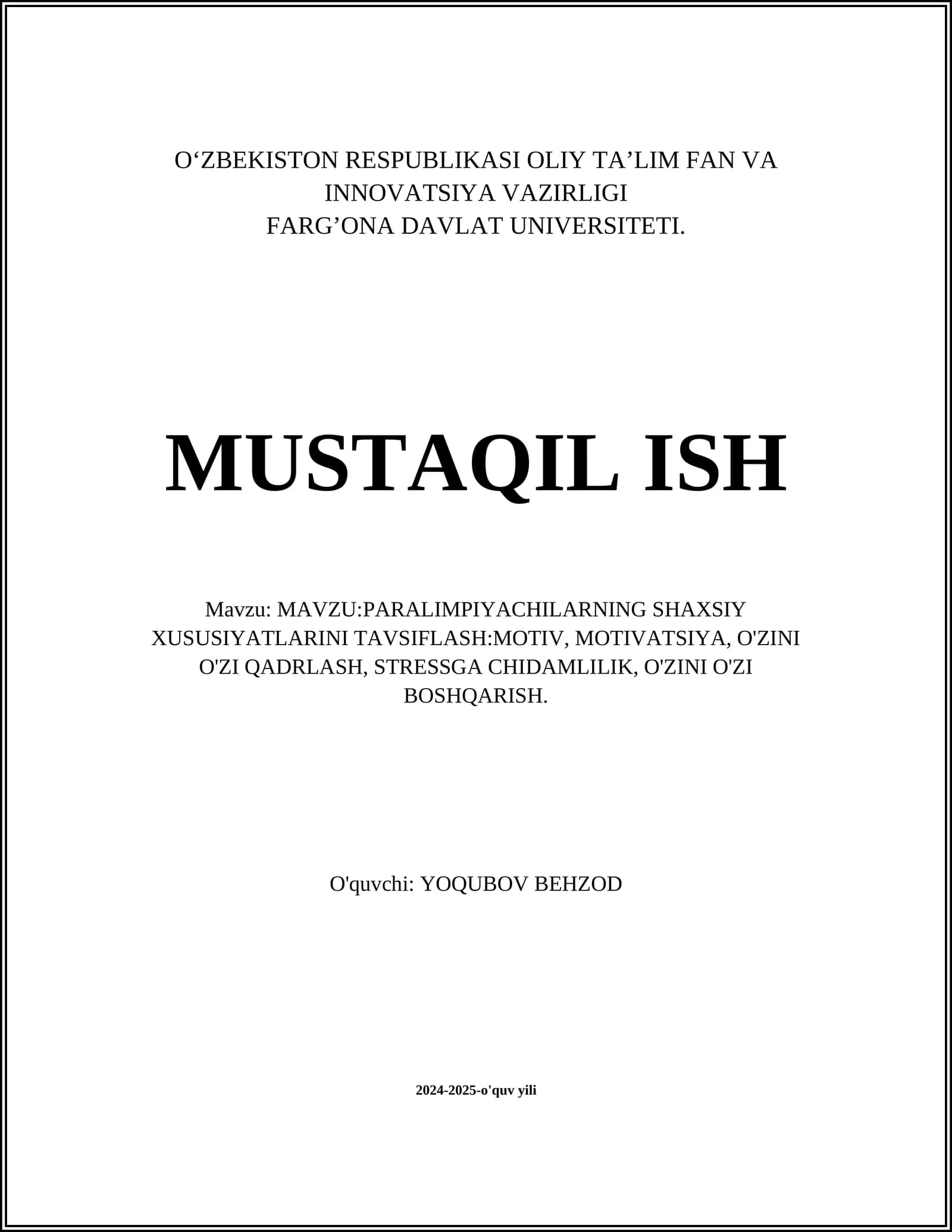 PARALIMPIYACHILARNING SHAXSIY XUSUSIYATLARINI TAVSIFLASH