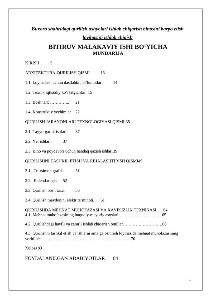 Buxoro shahridagi qurilish ashyolari ishlab chiqarish binosini barpo etish loyihasini