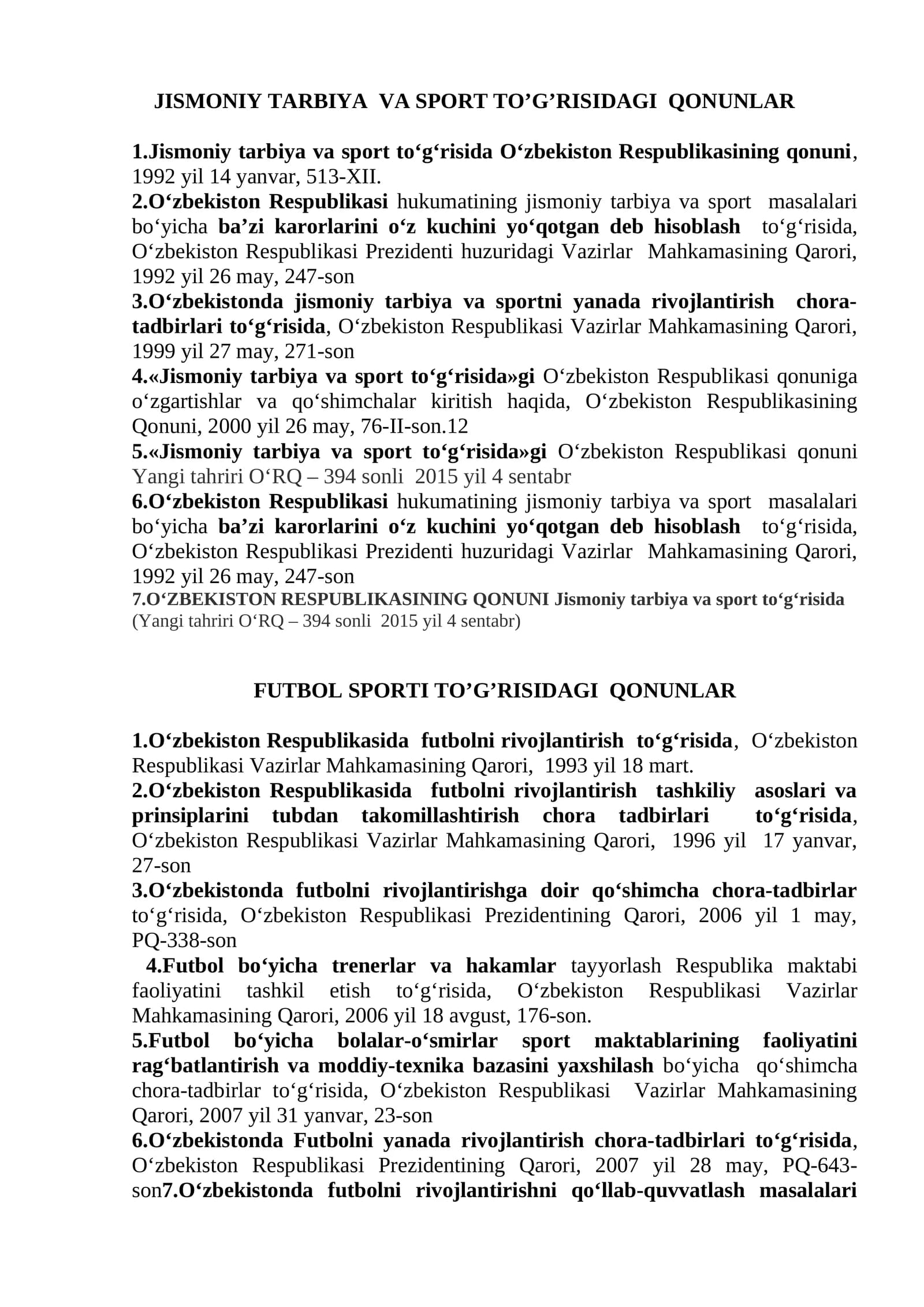 Jismoniy Tarbiya Va Sport To’g’risidagi Qonunlar