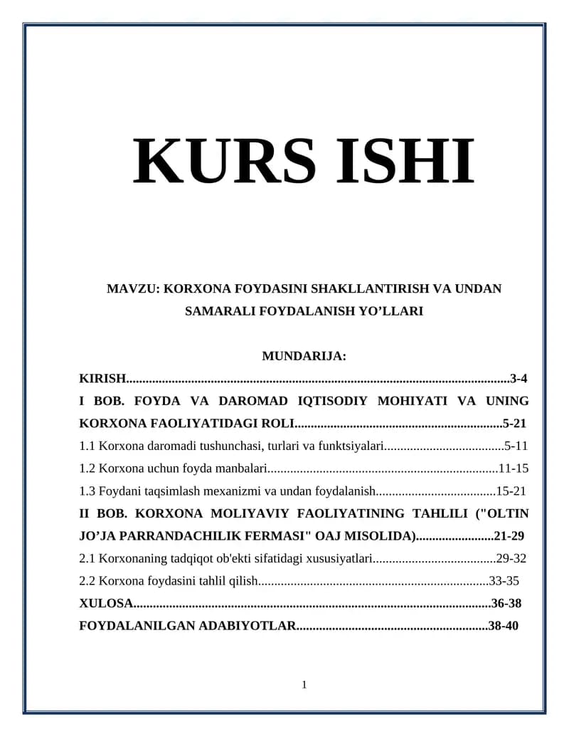 KORXONA FOYDASINI SHAKLLANTIRISH VA UNDAN SAMARALI FOYDALANISH YO’LLARI