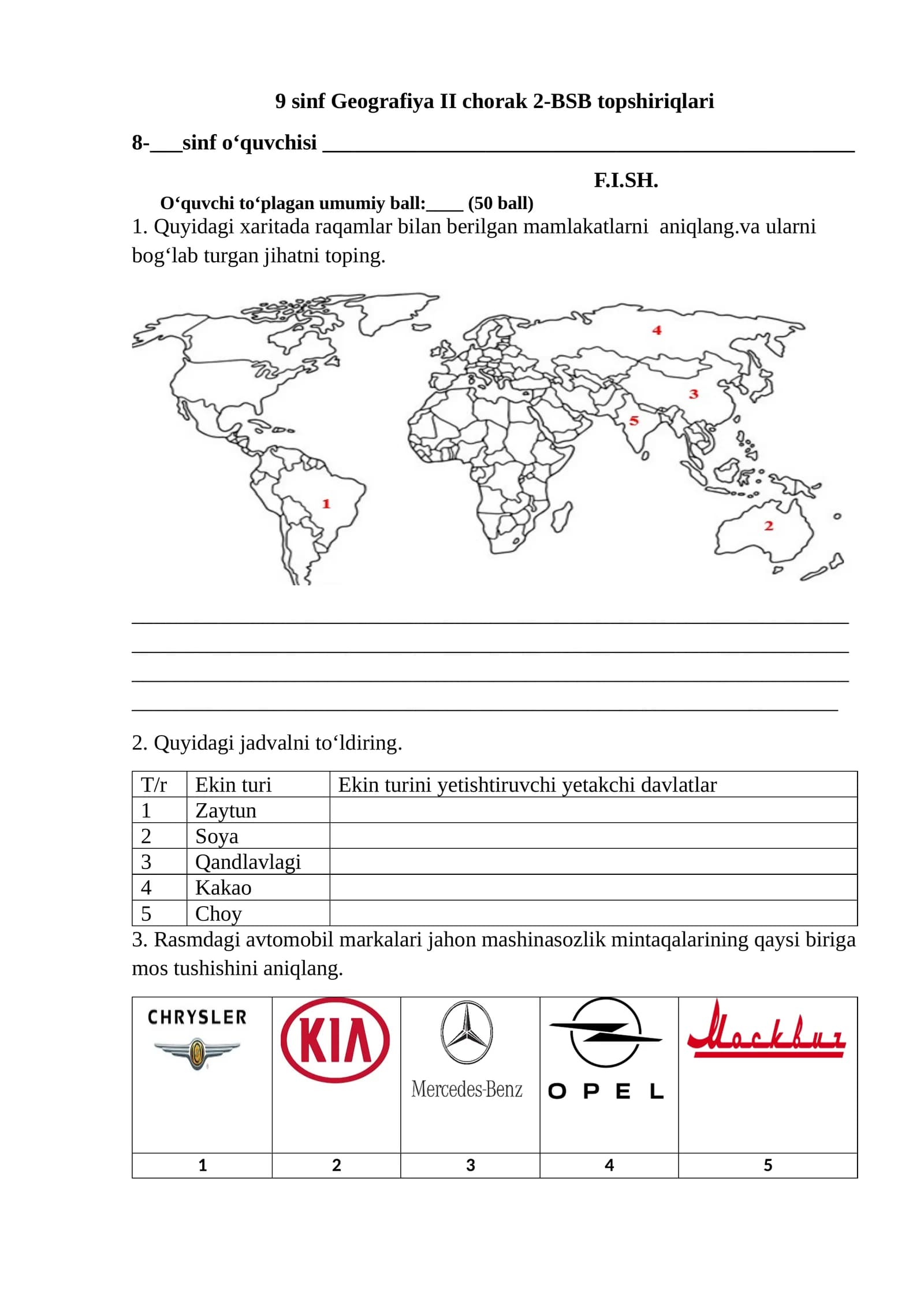 9 sinf Geografiya II chorak 2-BSB topshiriqlari