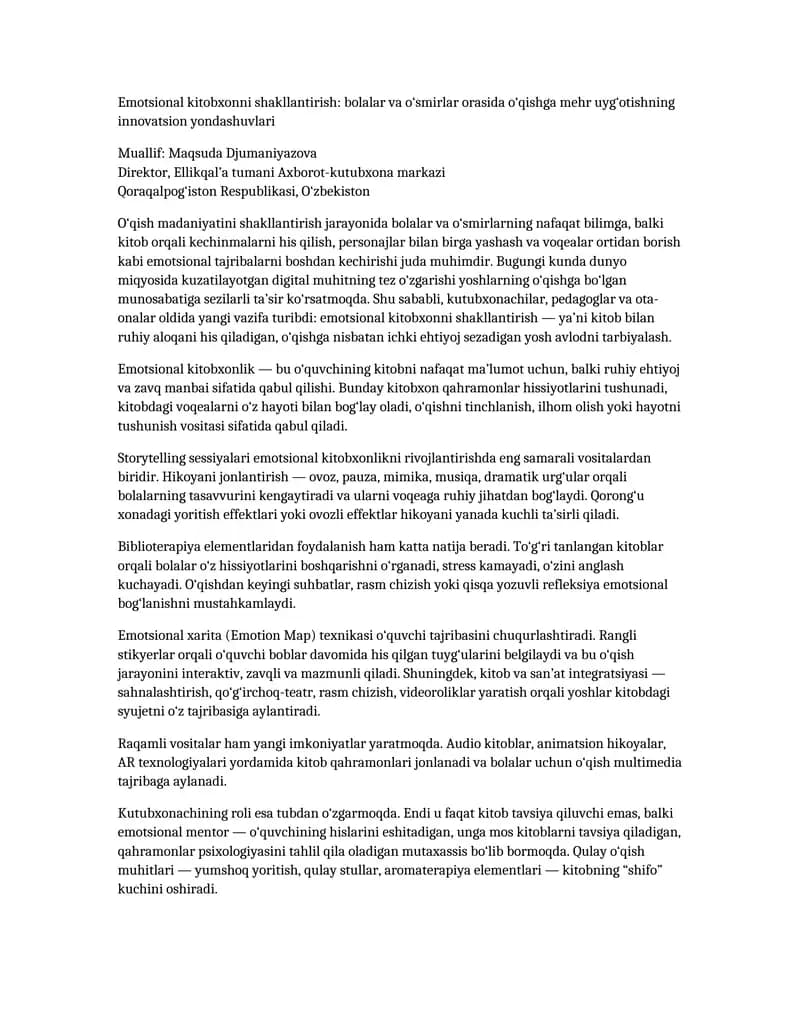 Emotsional kitobxonni shakllantirish: bolalar va o‘smirlar orasida o‘qishga mehr uyg‘otishning innovatsion yondashuvlari
