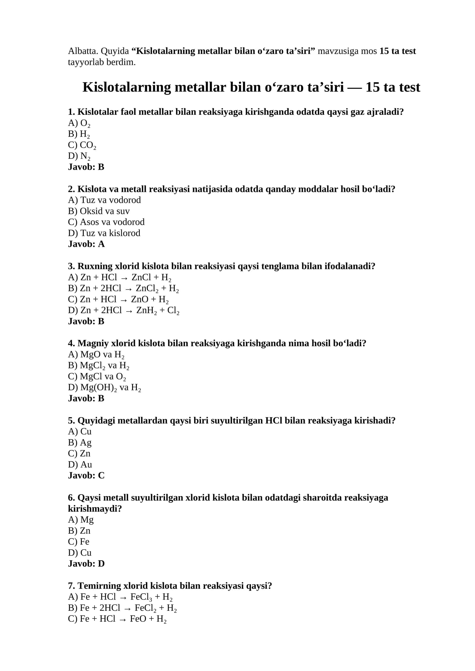 Kislotalarning metallar bilan o‘zaro ta’siri