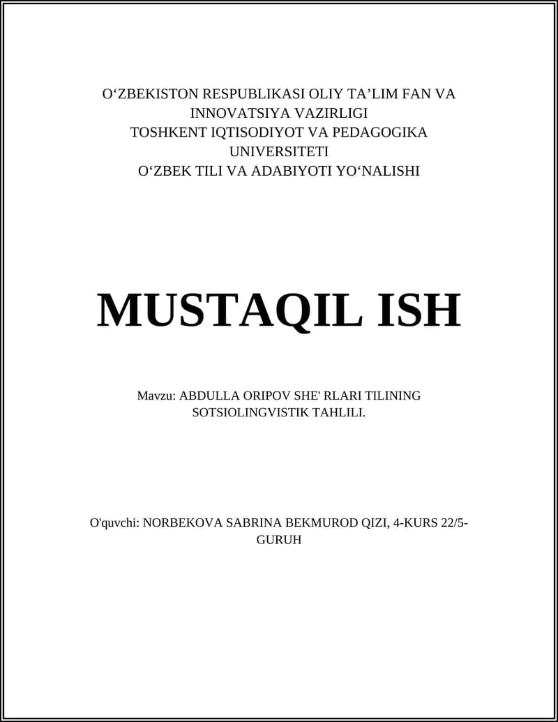 ABDULLA ORIPOV SHE' RLARI TILINING SOTSIOLINGVISTIK TAHLILI
