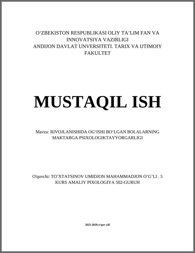 Rivojlanishida og‘ishi bo‘lgan bolalarning maktabga psixologik tayyorgarligi