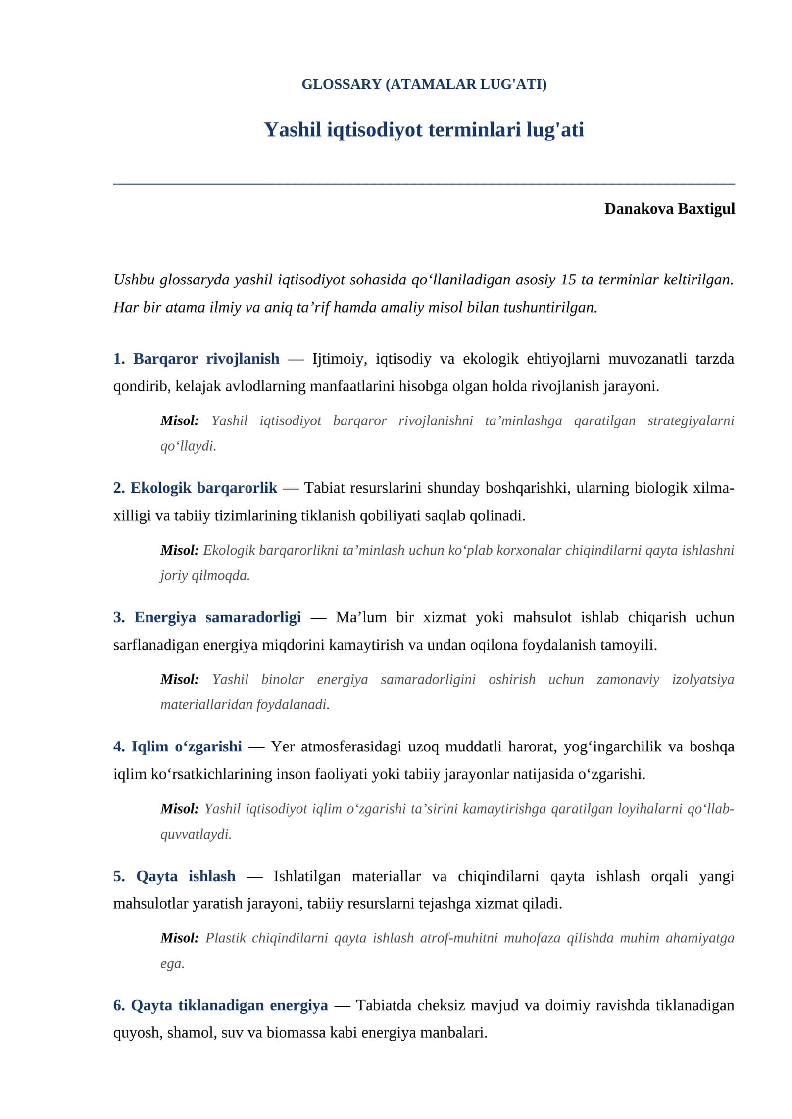 Yashil iqtisodiyot terminlari lug'ati