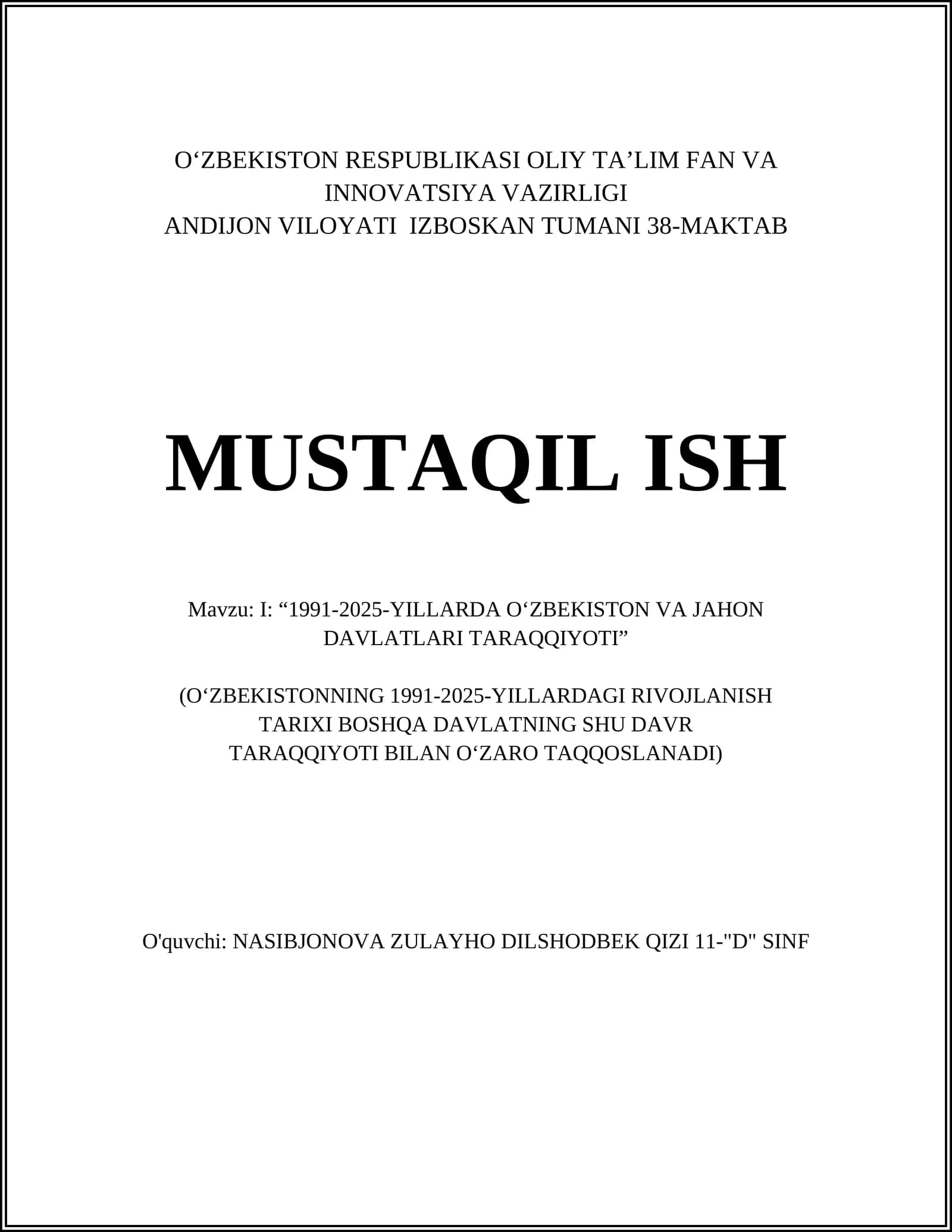 Iqtisodiy ishlar: 1991-2025 yillarda O‘zbekiston va jahon davlatlari taraqqiyoti