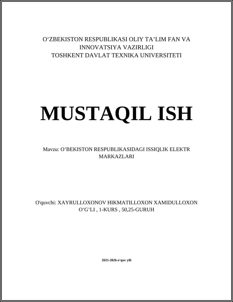 O’BEKISTON RESPUBLIKASIDAGI ISSIQLIK ELEKTR MARKAZLARI