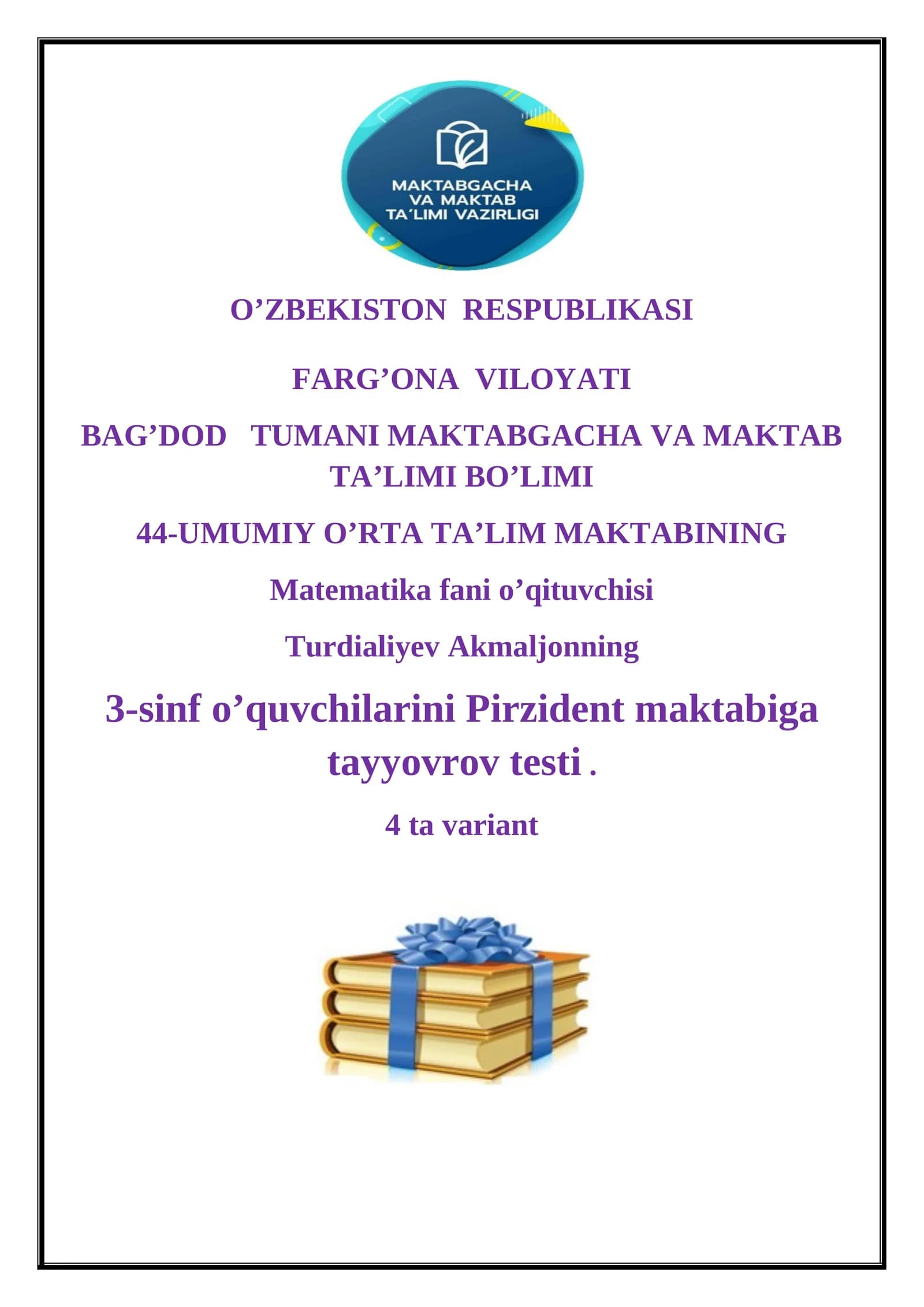 3-SINMATEMATIKA FANIDAN  CHORAK UCHUN TESTI