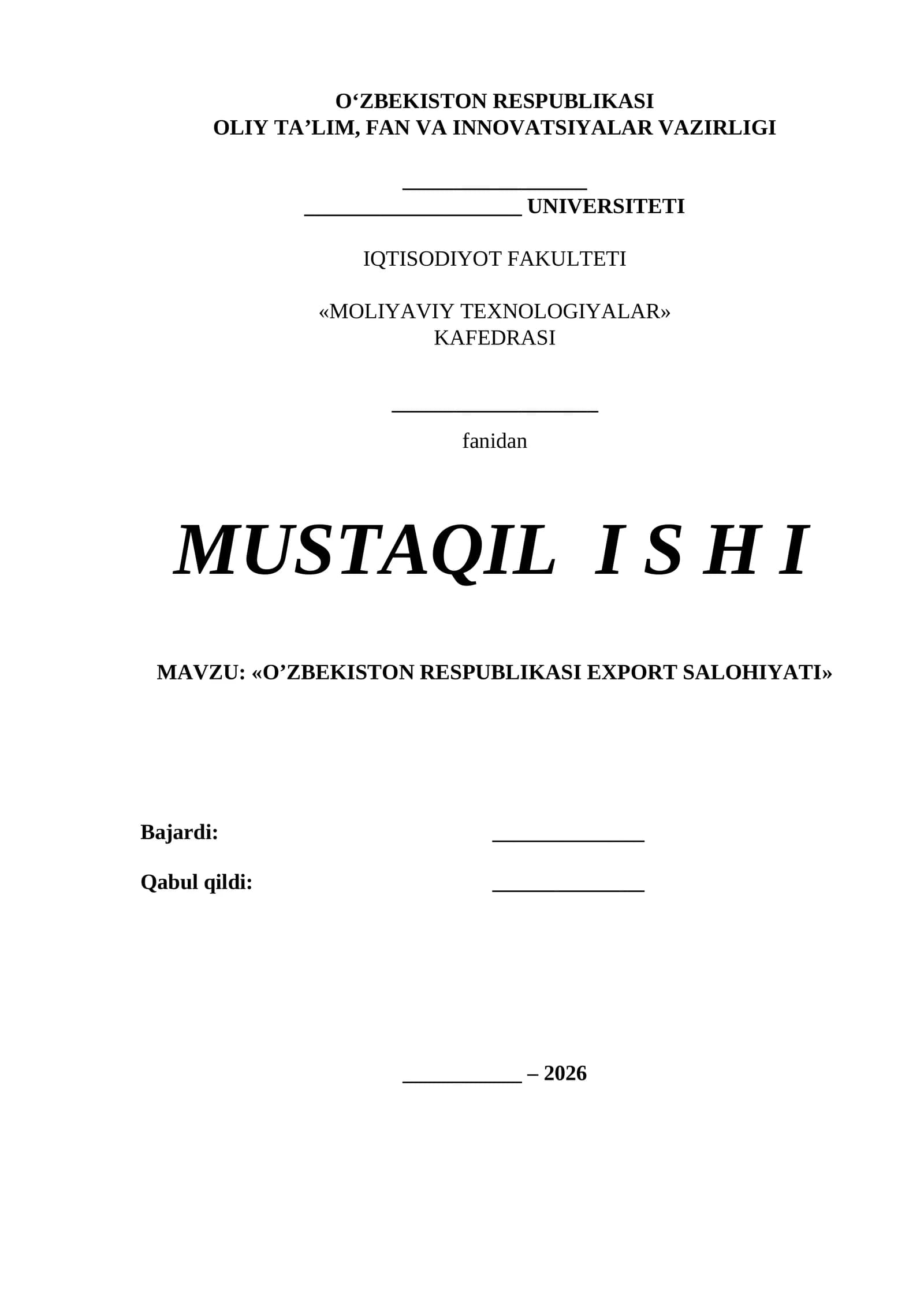 O’ZBEKISTON RESPUBLIKASI EXPORT SALOHIYATI
