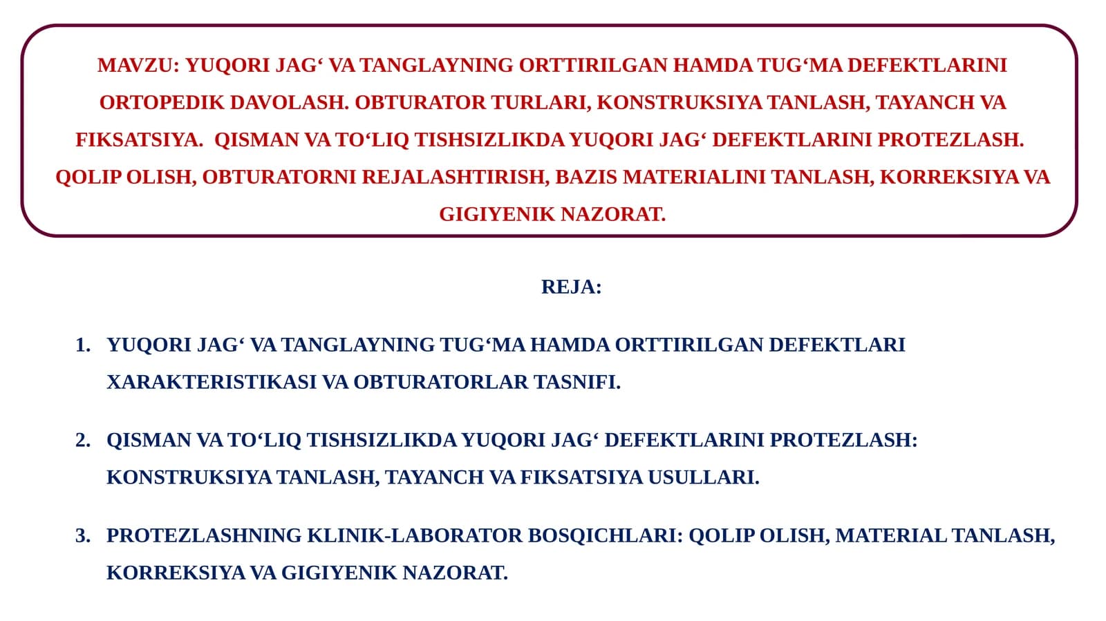 YUQORI JAG‘ VA TANGLAYNING ORTTIRILGAN HAMDA TUG‘MA DEFEKTLARINI ORTOPEDIK DAVOLASH