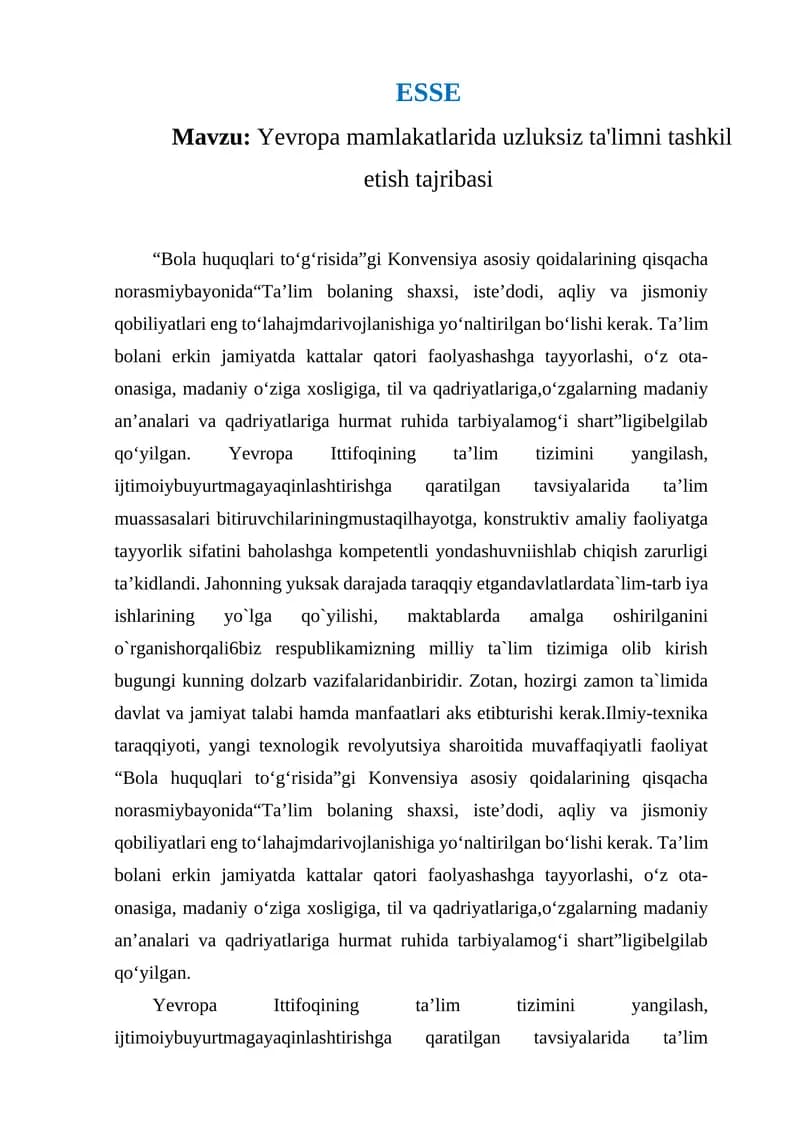 Yevropa mamlakatlarida uzluksiz ta'limni tashkil etish tajribasi