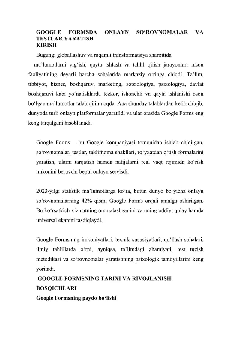 Google formsda onlayn so‘rovnomalar va testlar yaratish