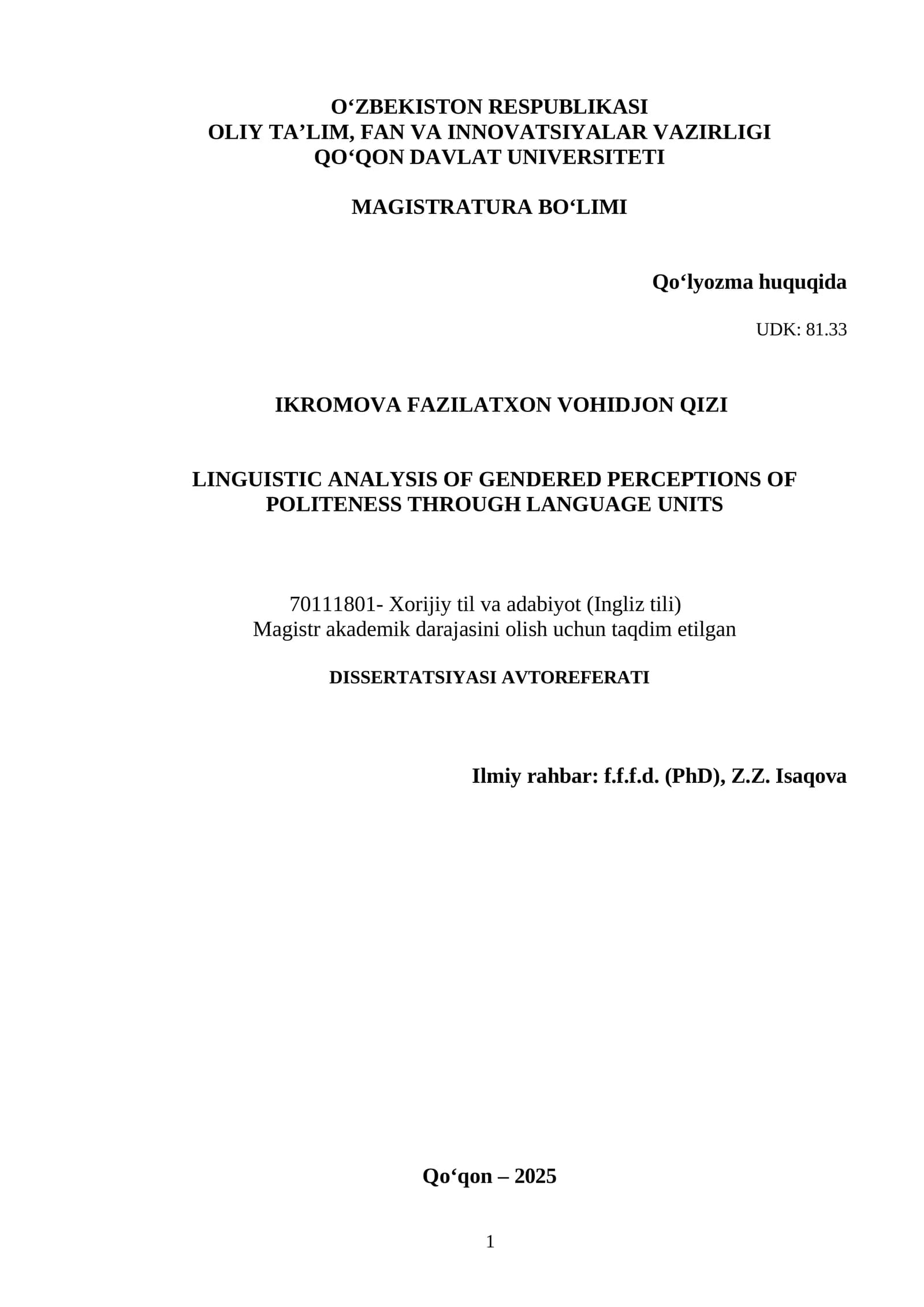 Magistrlik dissertatsiya avtoreferati