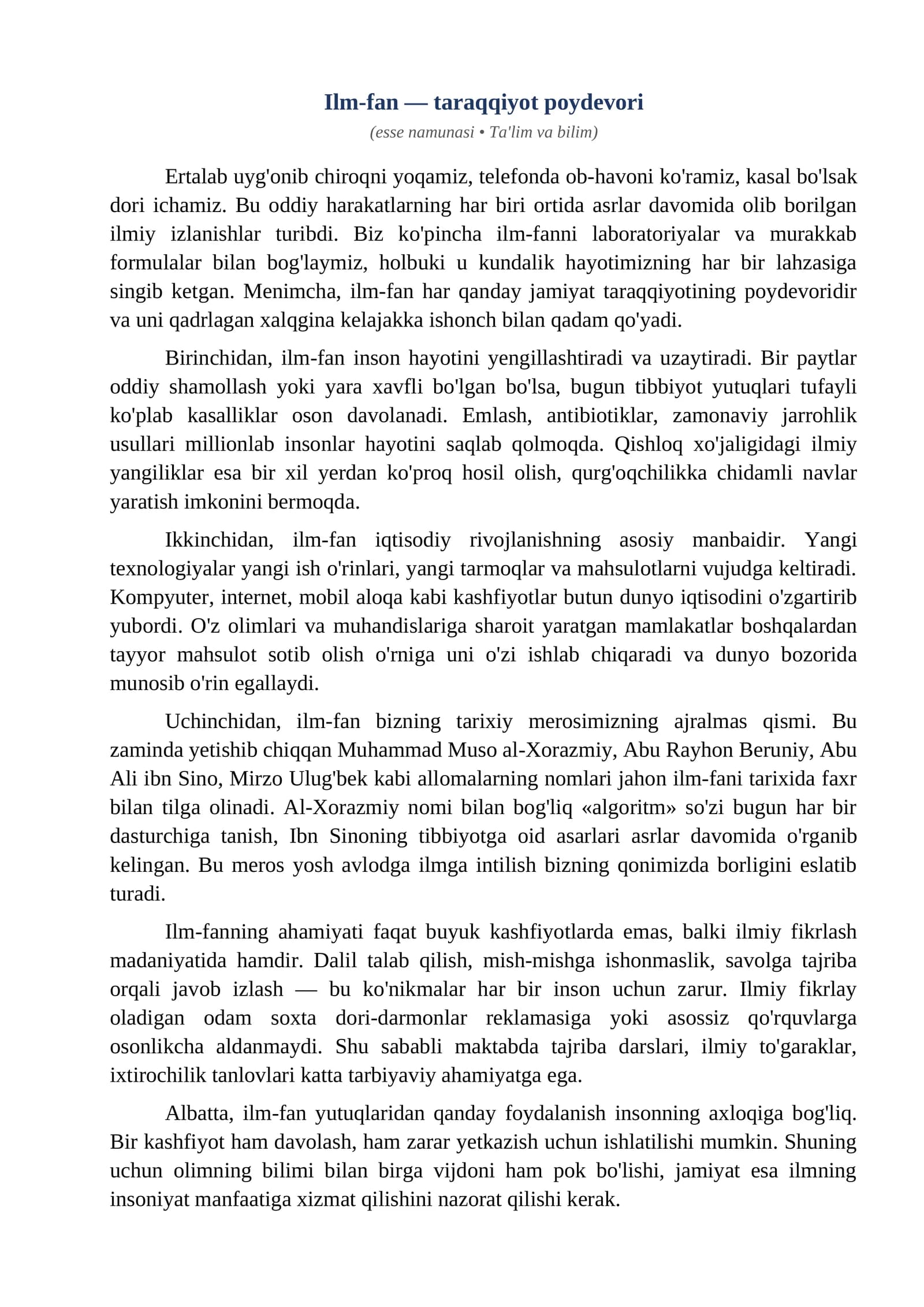 Esse Ilm fan taraqqiyot poydevori