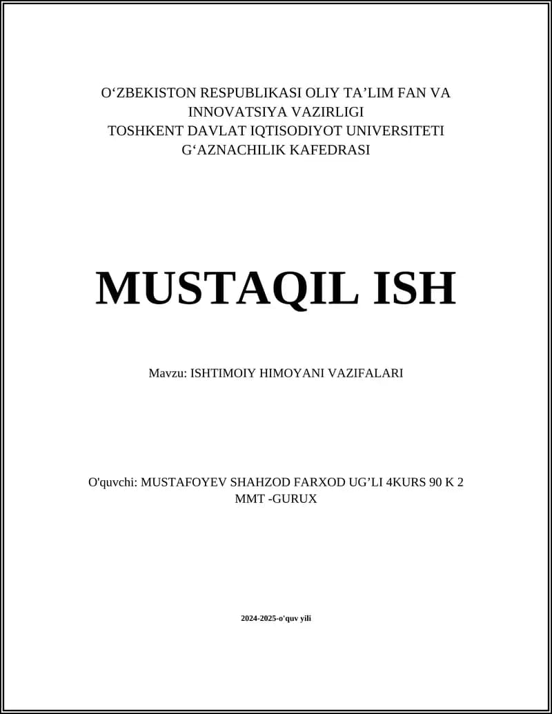 ISHTIMOIY HIMOYANI VAZIFALARI