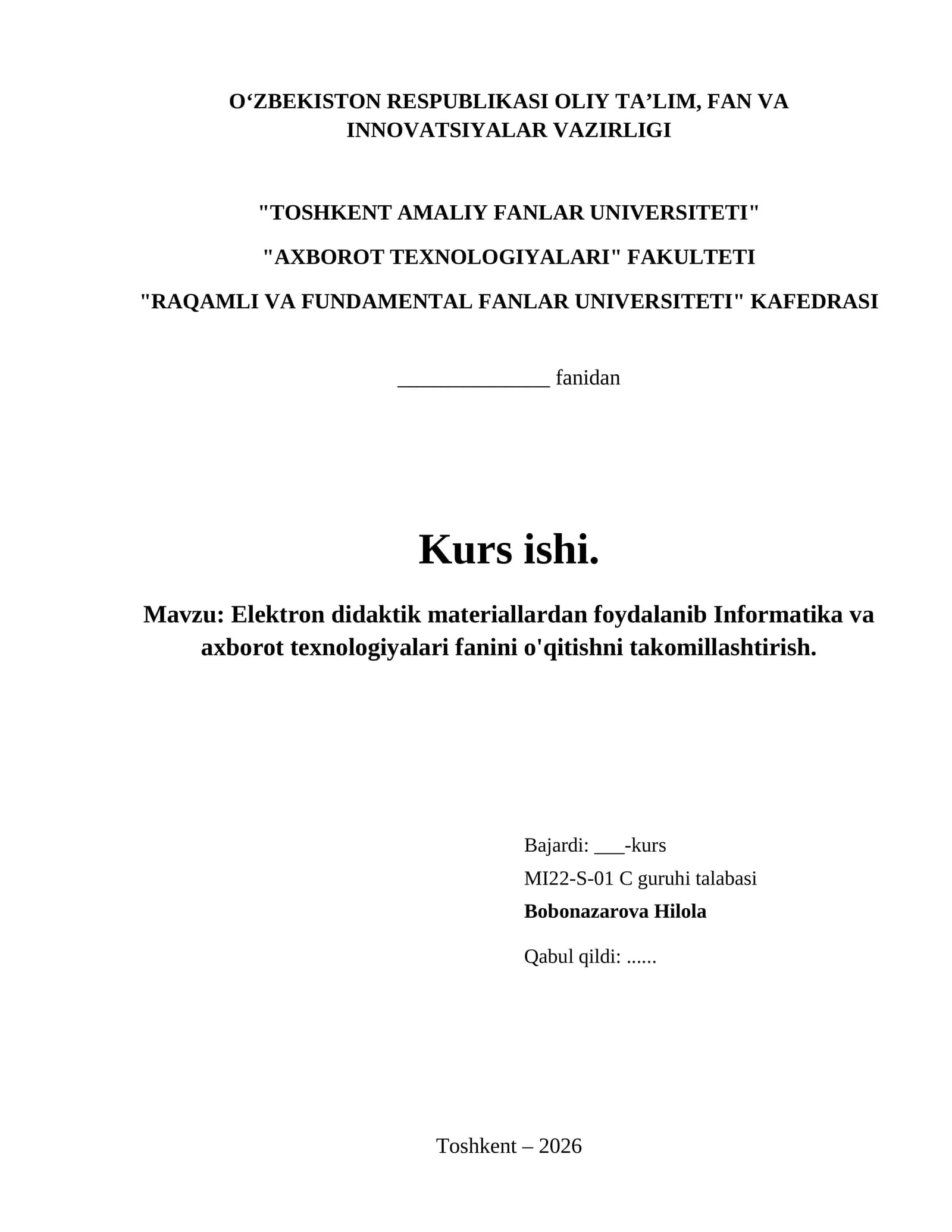 Elektron didaktik materiallardan foydalanib Informatika va axborot texnologiyalari fanini o'qitishni takomillashtirish.