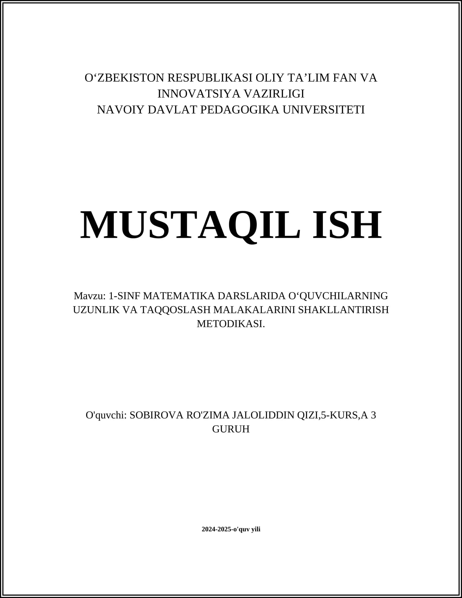 UZUNLIK VA TAQQOSLASH MALAKALARINI SHAKLLANTIRISH METODIKASI