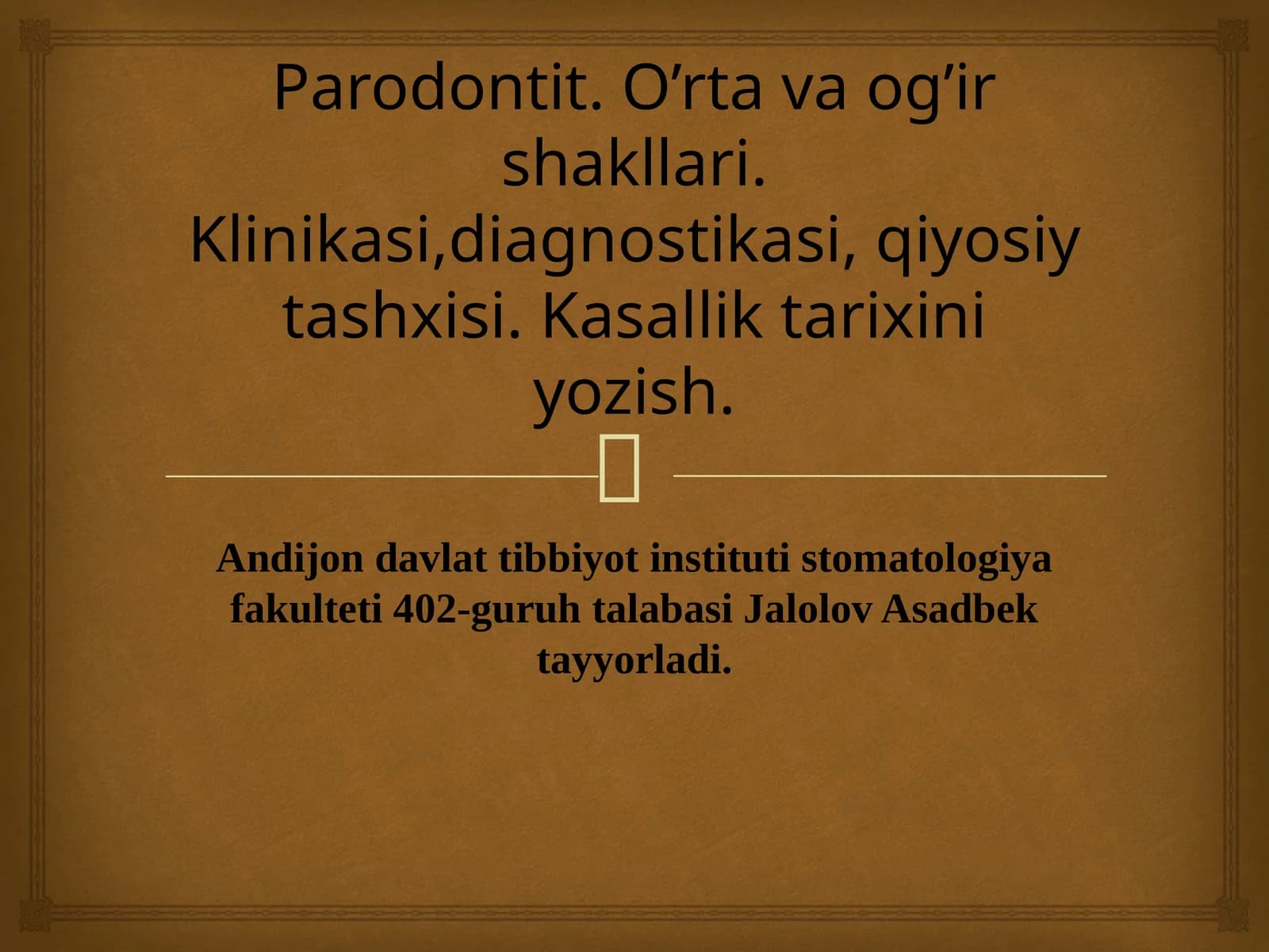 Parodontit. O’rta va og’ir shakllari. Klinikasi,diagnostikasi, qiyosiy tashxisi. Kasallik tarixini yozish.