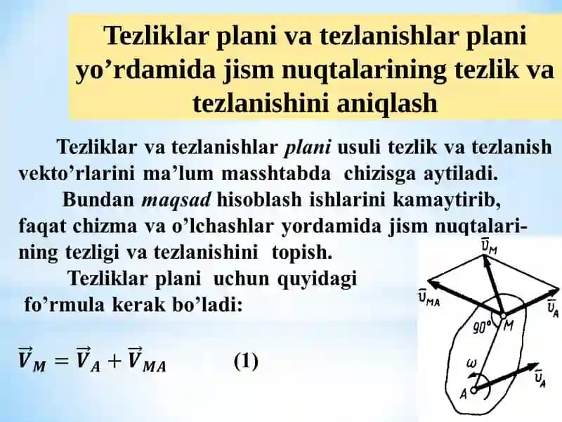 Tezliklar plani va tezlanishlar plani yo’rdamida jism nuqtalarining tezlik va tezlanishini aniqlash