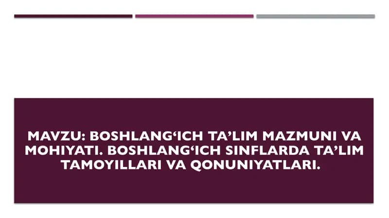 Boshlang‘ich ta’lim mazmuni va mohiyati. Boshlang‘ich sinflarda ta’lim tamoyillari va qonuniyatlari