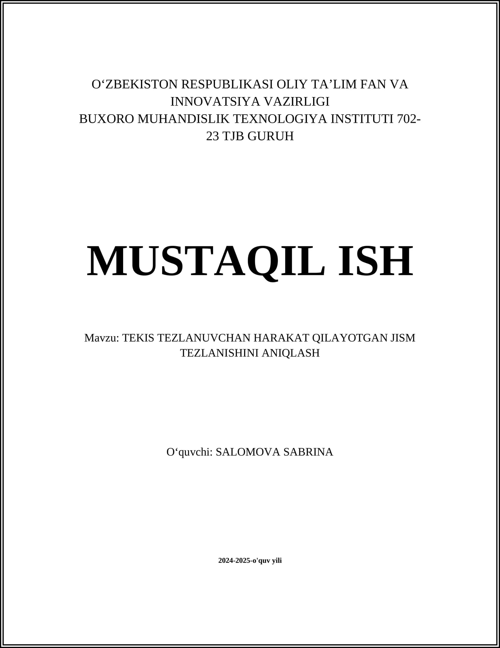 TEKIS TEZLANUVCHAN HARAKAT QILAYOTGAN JISM TEZLANISHINI ANIQLASH