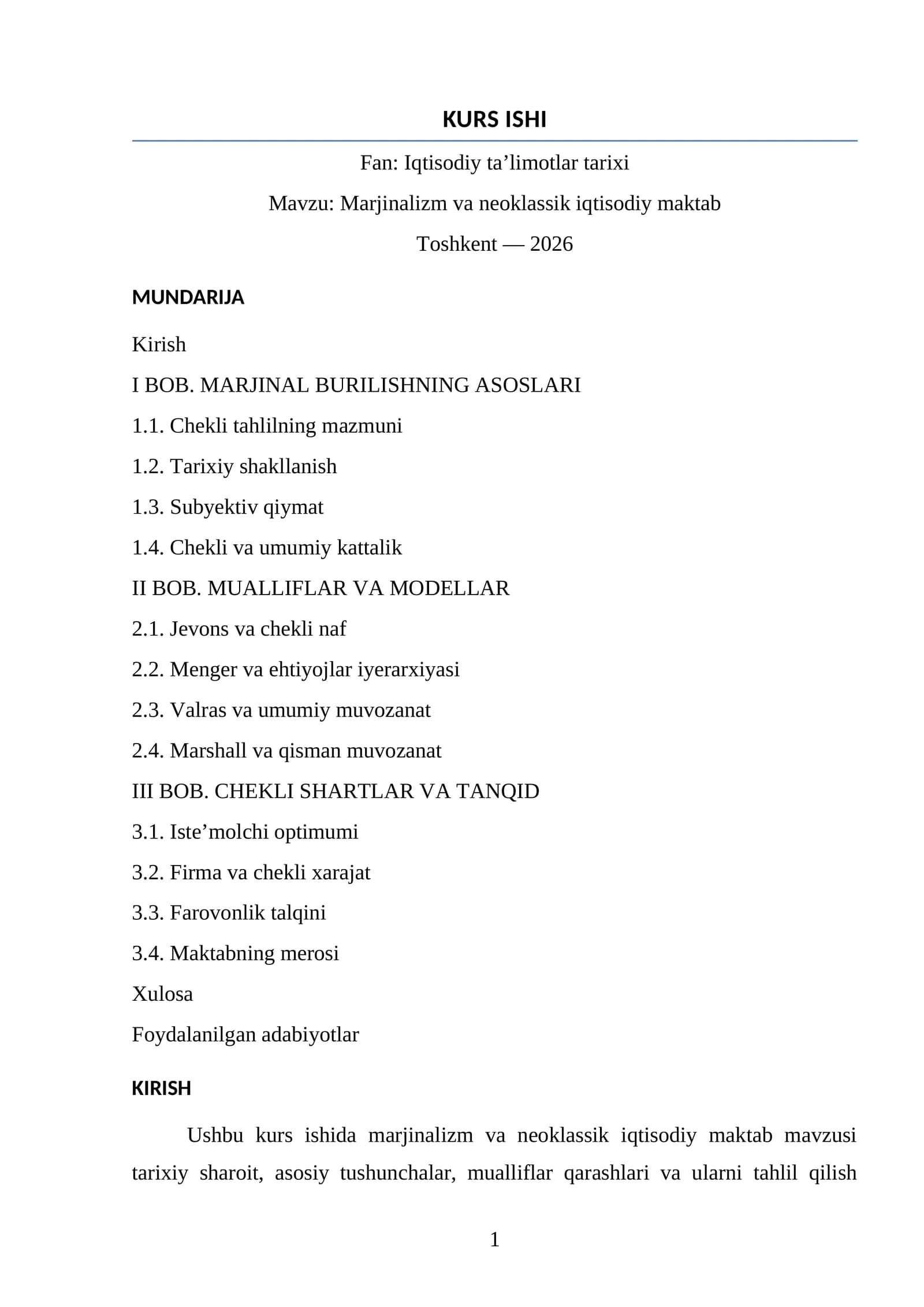 Marjinalizm va neoklassik iqtisodiy maktab