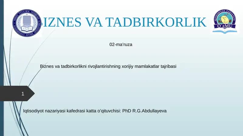 Biznes va tadbirkorlikni rivojlantirishning xorijiy mamlakatlar tajribasi