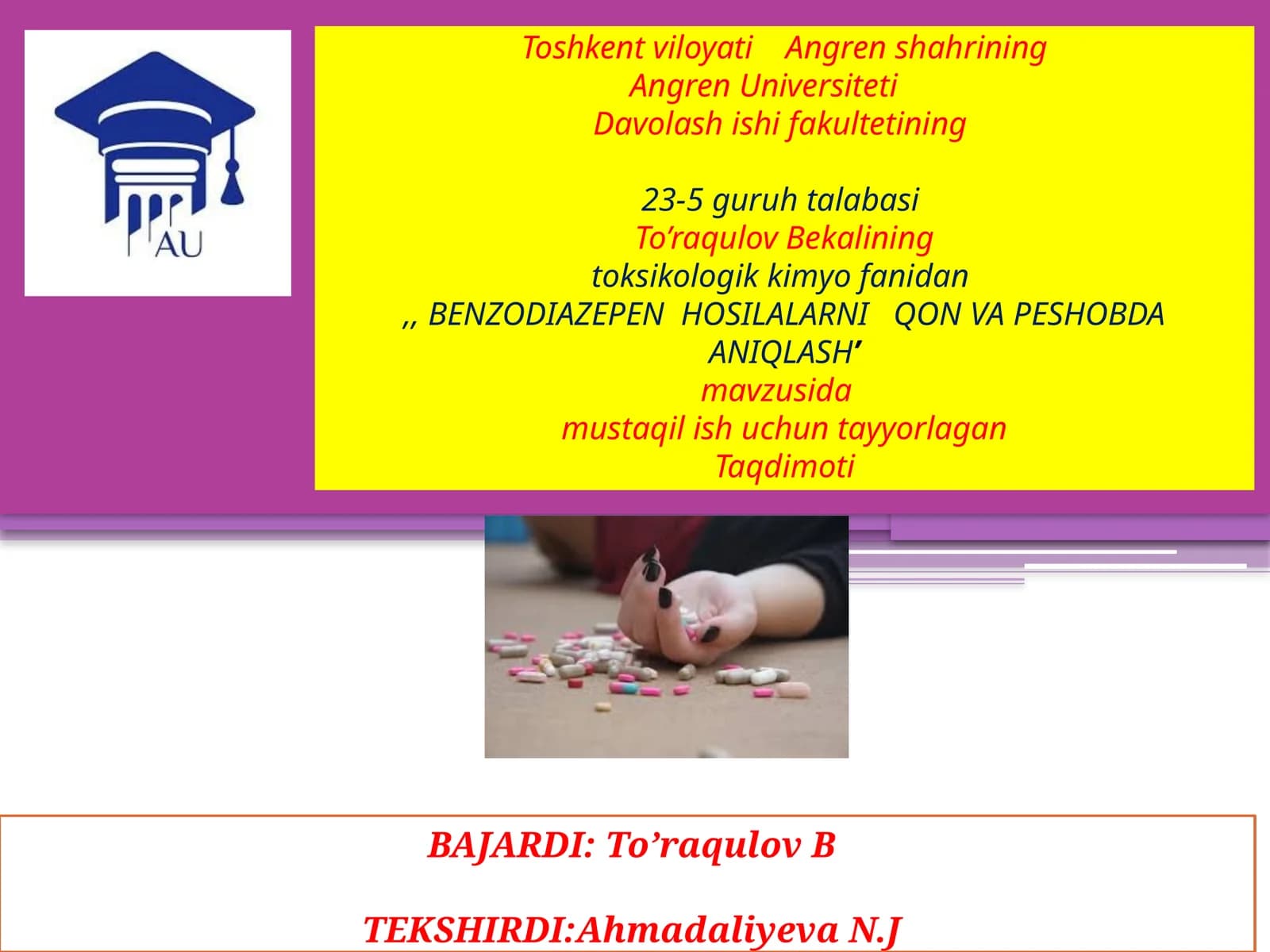 BENZODIAZEPEN HOSILALARNI QON VA PESHOBDA ANIQLASH
