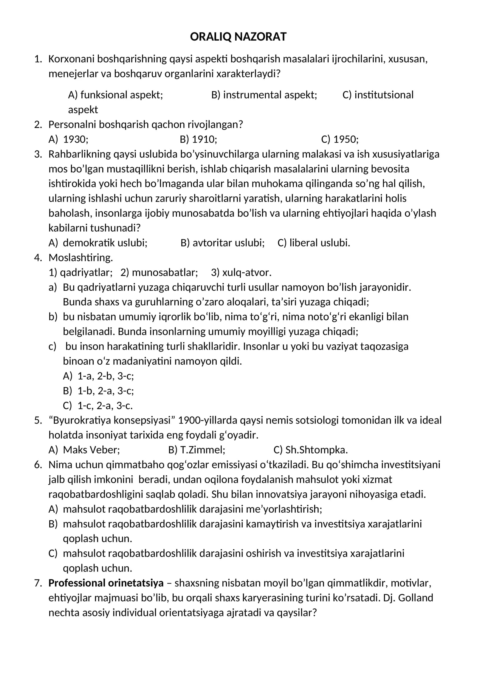 ORALIQ NAZORAT
